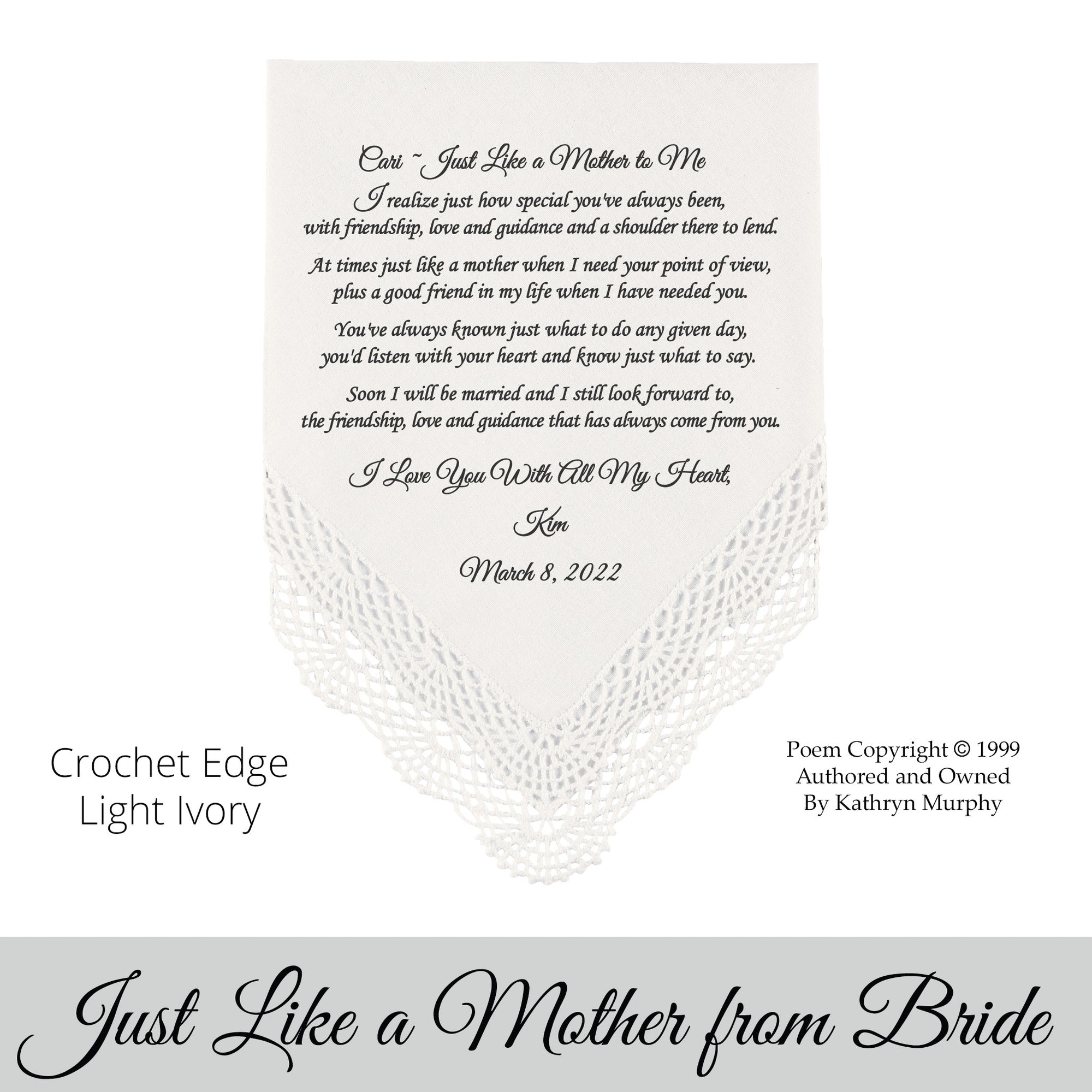 Gift for someone who is just like a mother to the bride. Poem printed wedding hankie. 