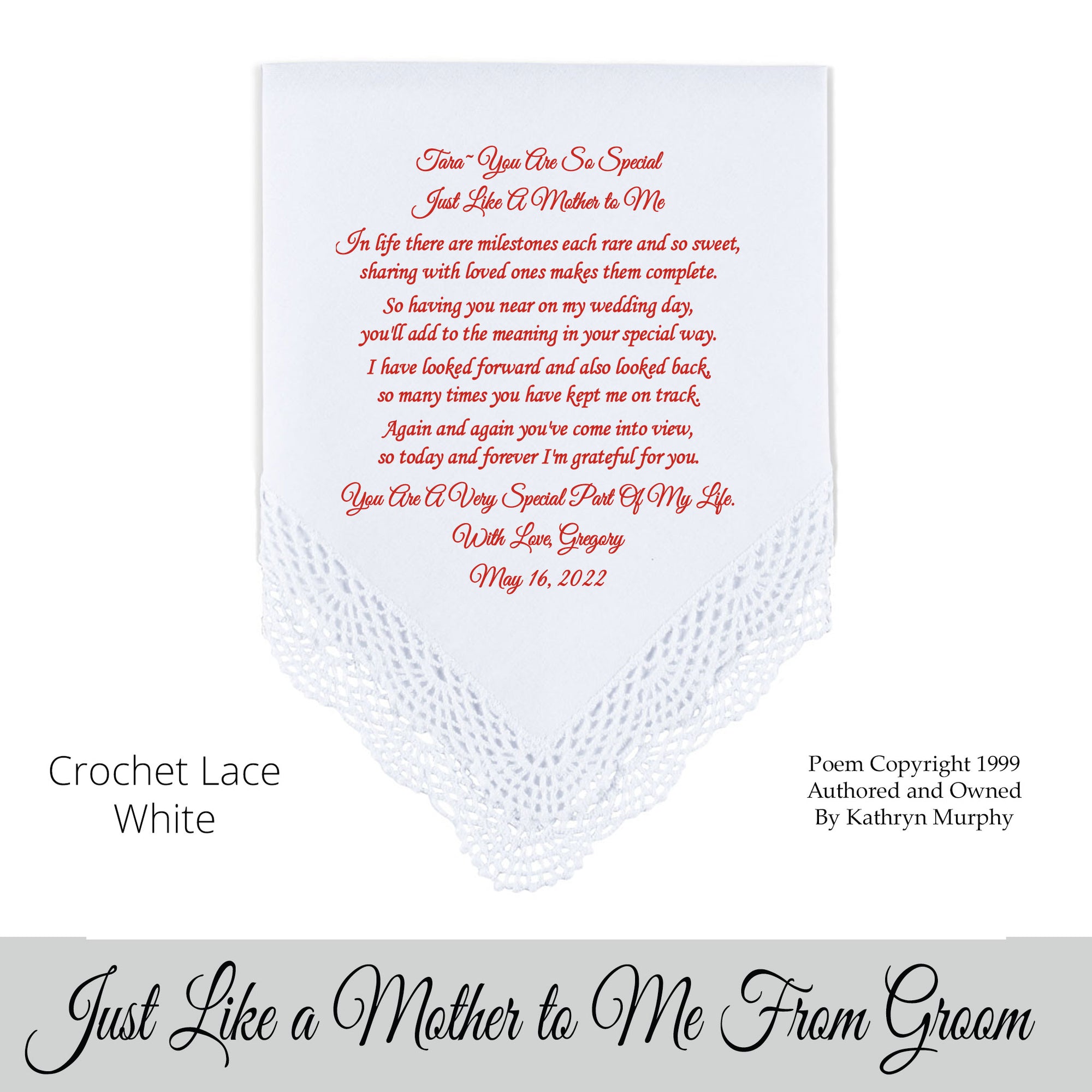 Gift for someone like a mother to the groom poem printed wedding hankie