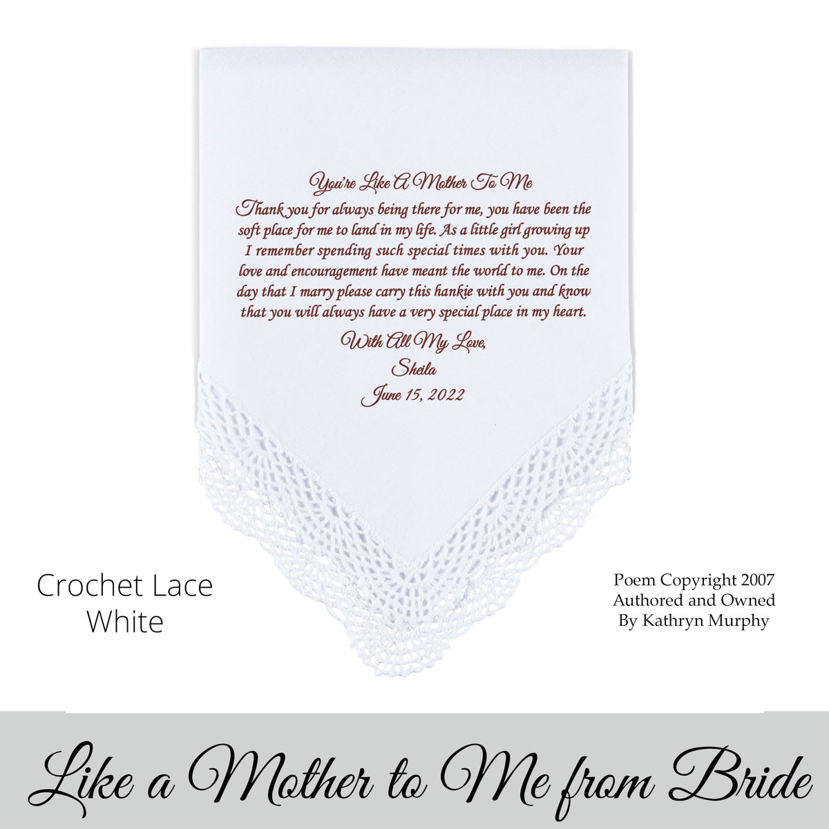 Just like a mother to me poem on a wedding hankie from the bride