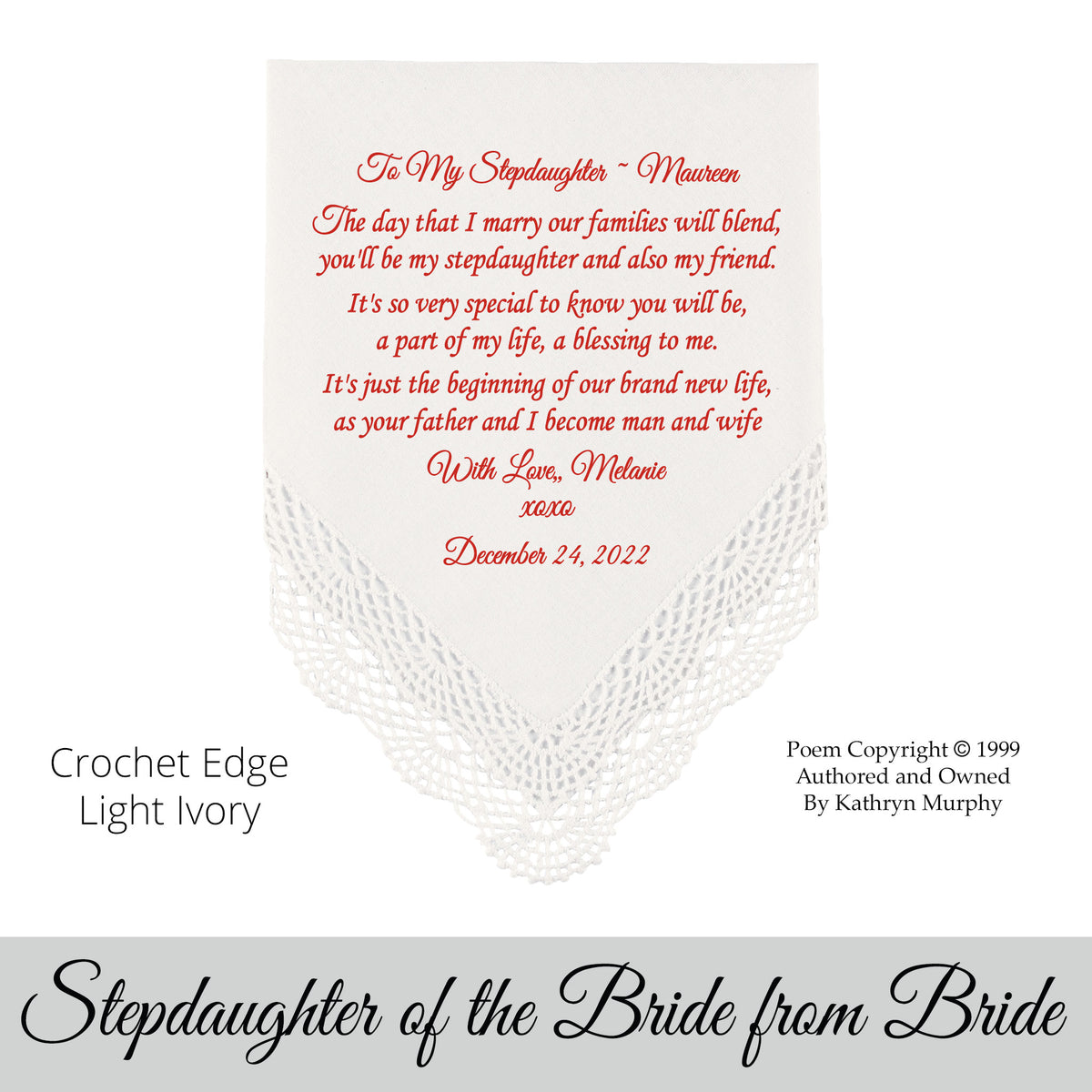 Gift for the stepdaughter of the bride poem printed wedding hankie
