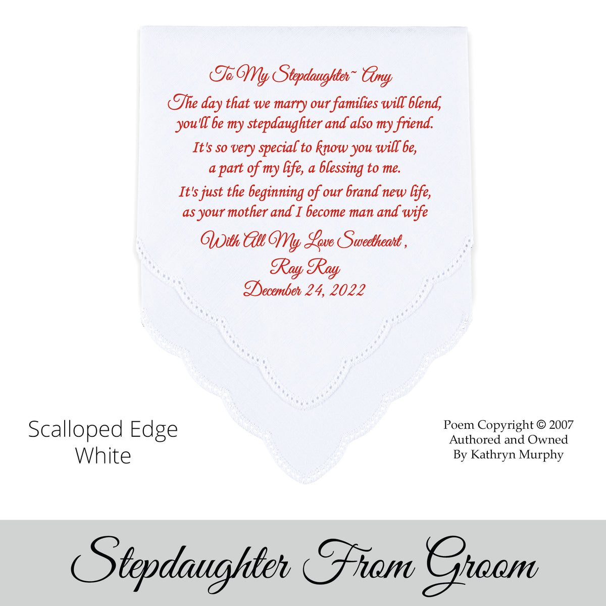 Gift for the stepdaughter of the groom poem printed wedding hankie