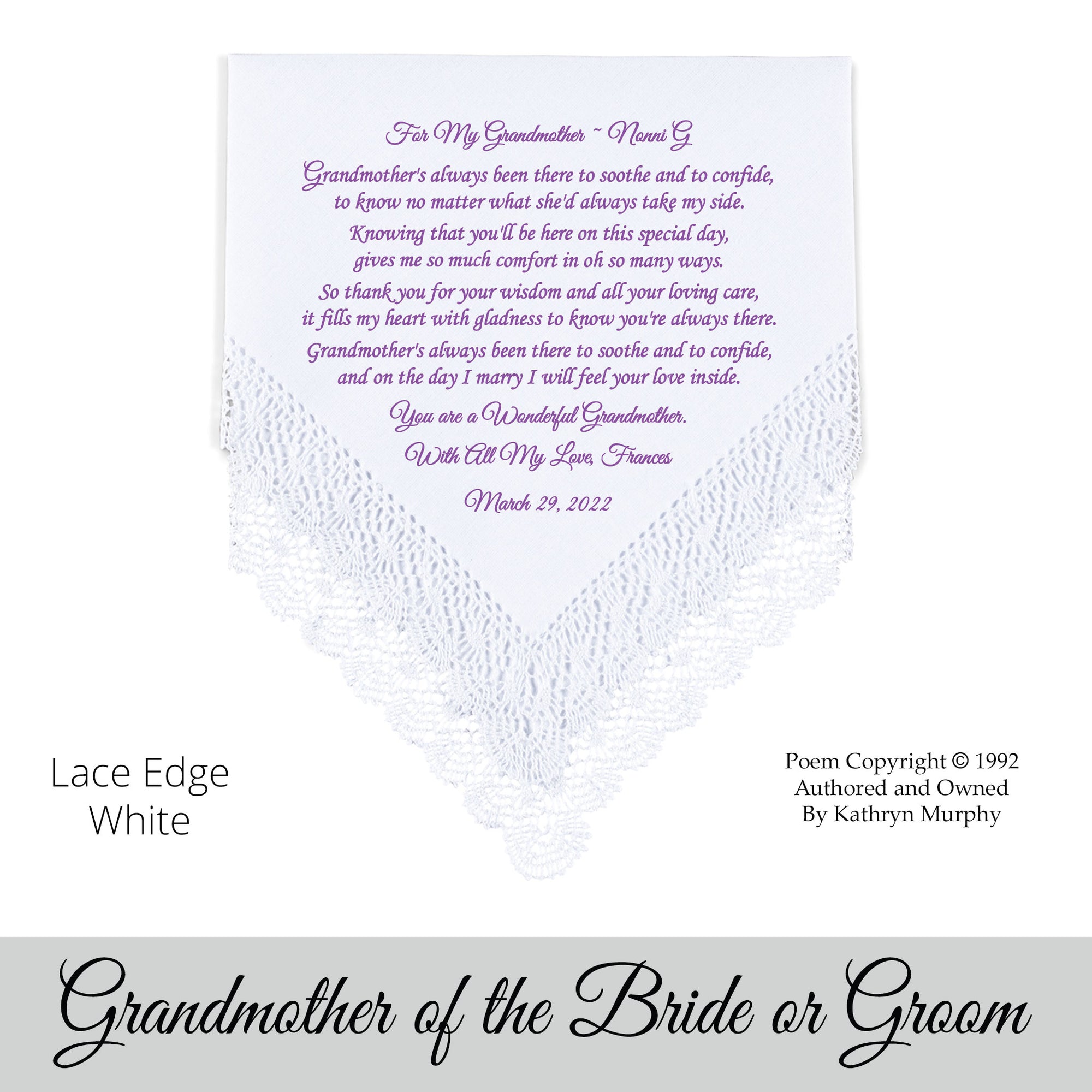gift for the grandmother of the bride poem printed wedding hankie