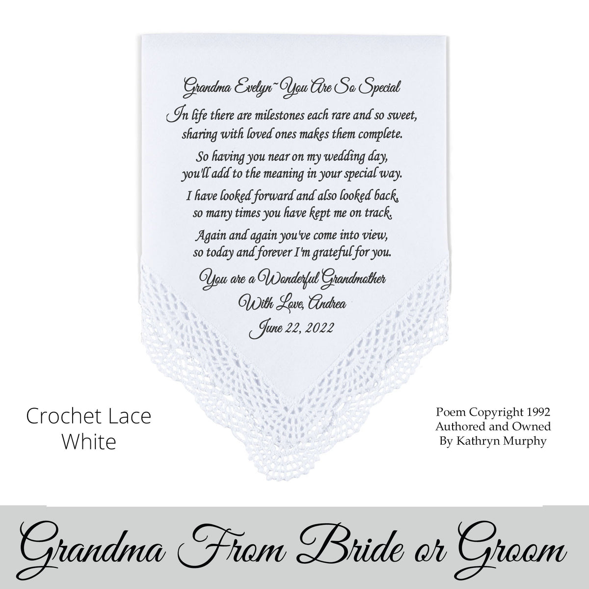 gift for the grandmother wedding hankie with printed poem