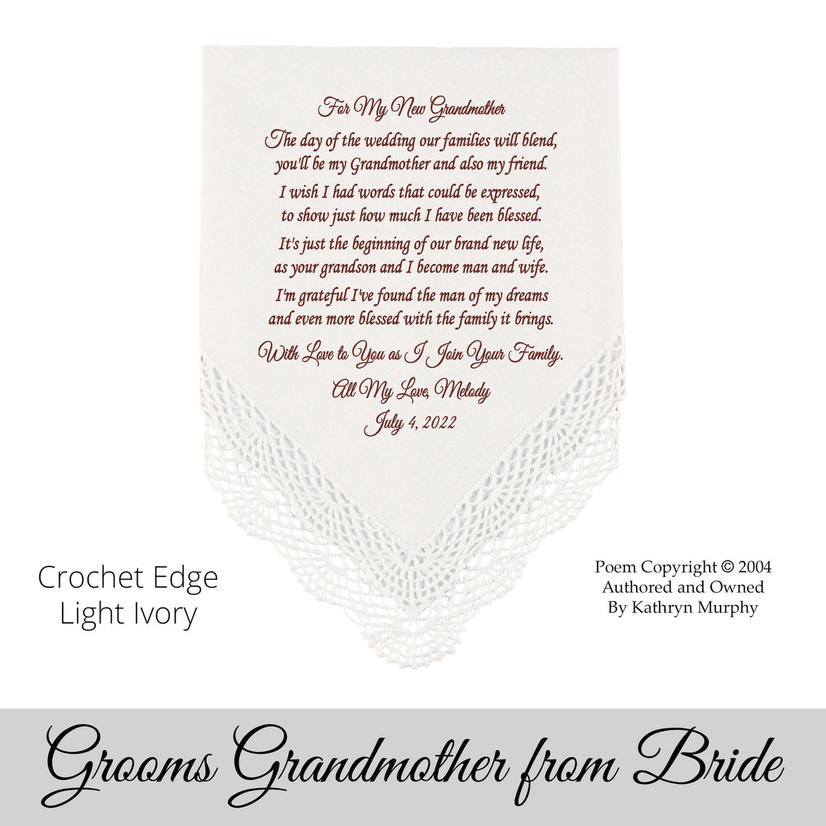 Gift for the grandmother of the groom poem printed wedding hankie
