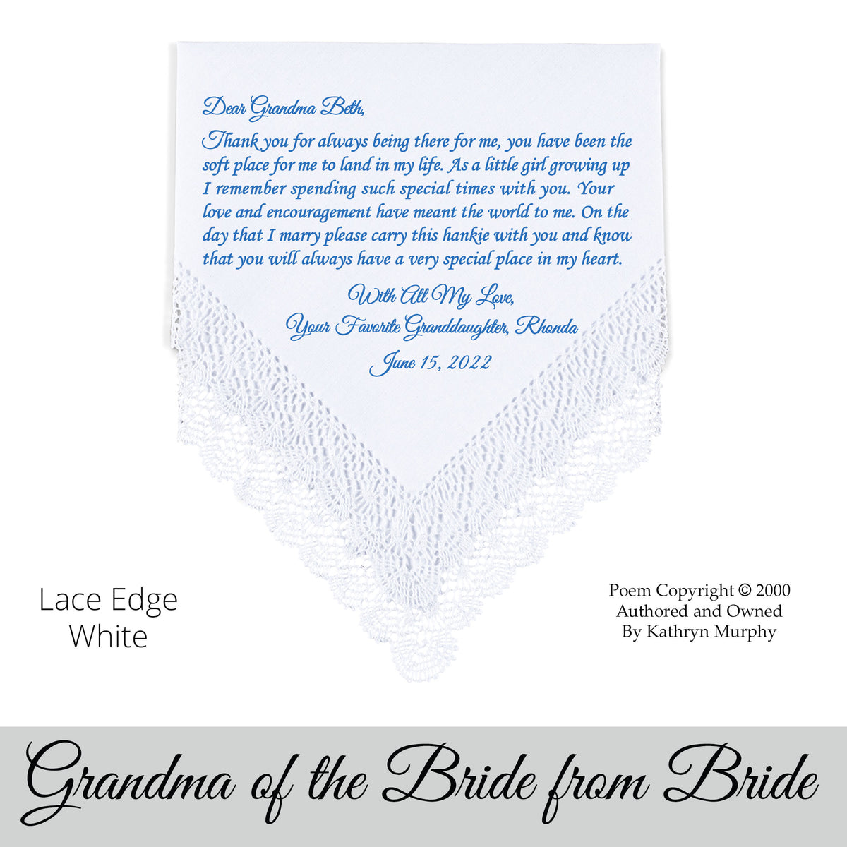 gift for the grandmother of the bride poem printed wedding hankie