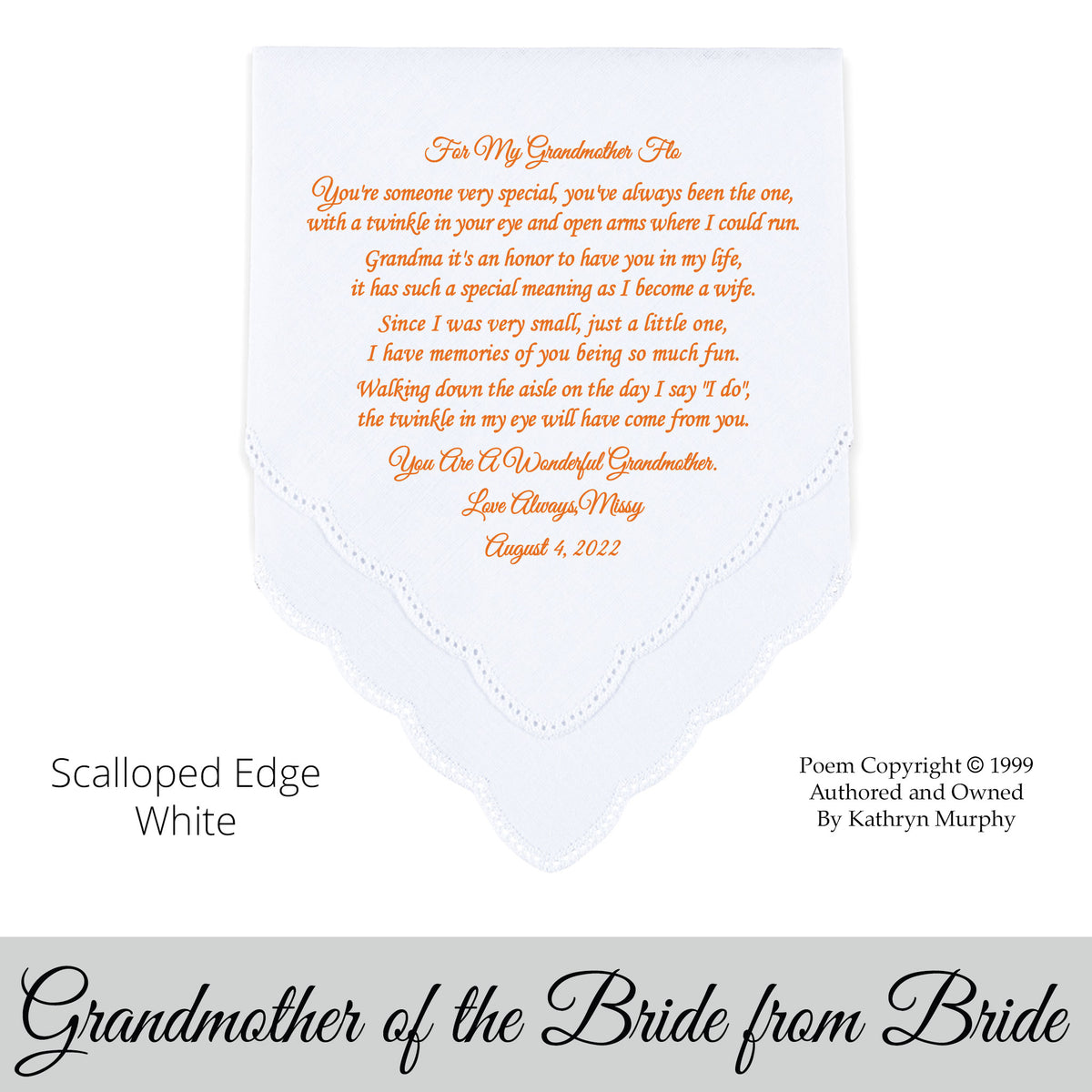 Poem Printed Wedding Hankie from the Bride to Her Grandmother &quot;On The Day I Say I Do&quot;