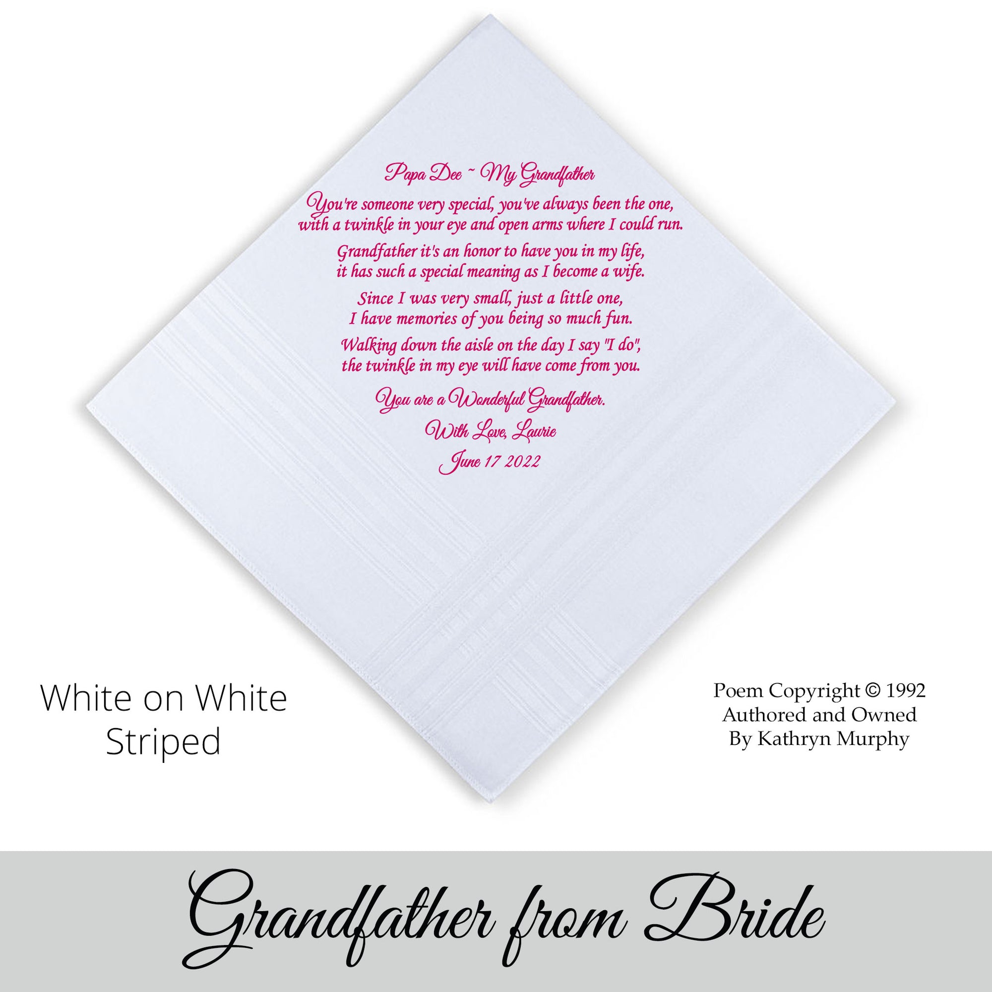 Grandfather of the bride gift poem printed wedding hankie