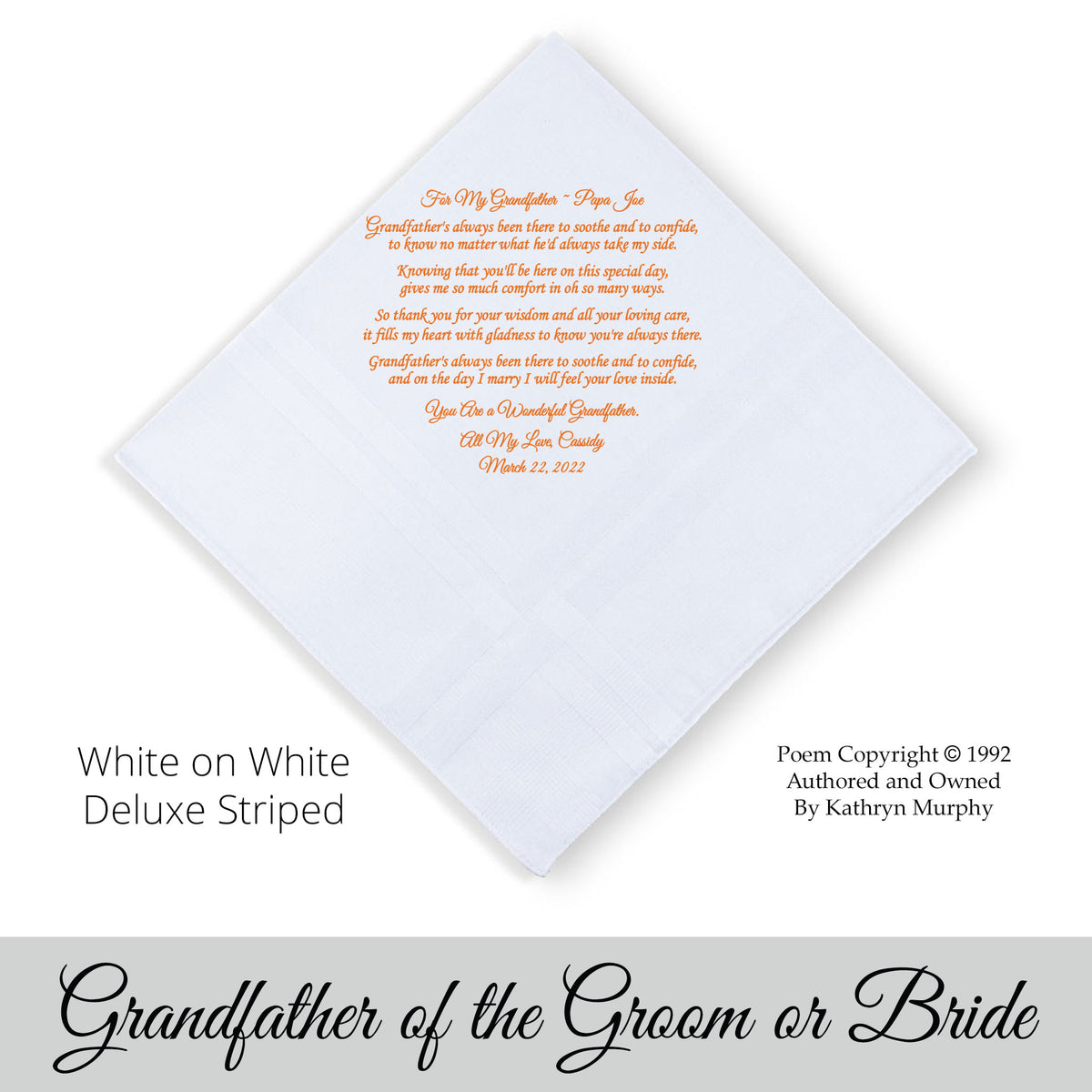 Poem Printed Wedding Hankie from Bride or Groom to her Grandfather &quot;Thank You&quot;