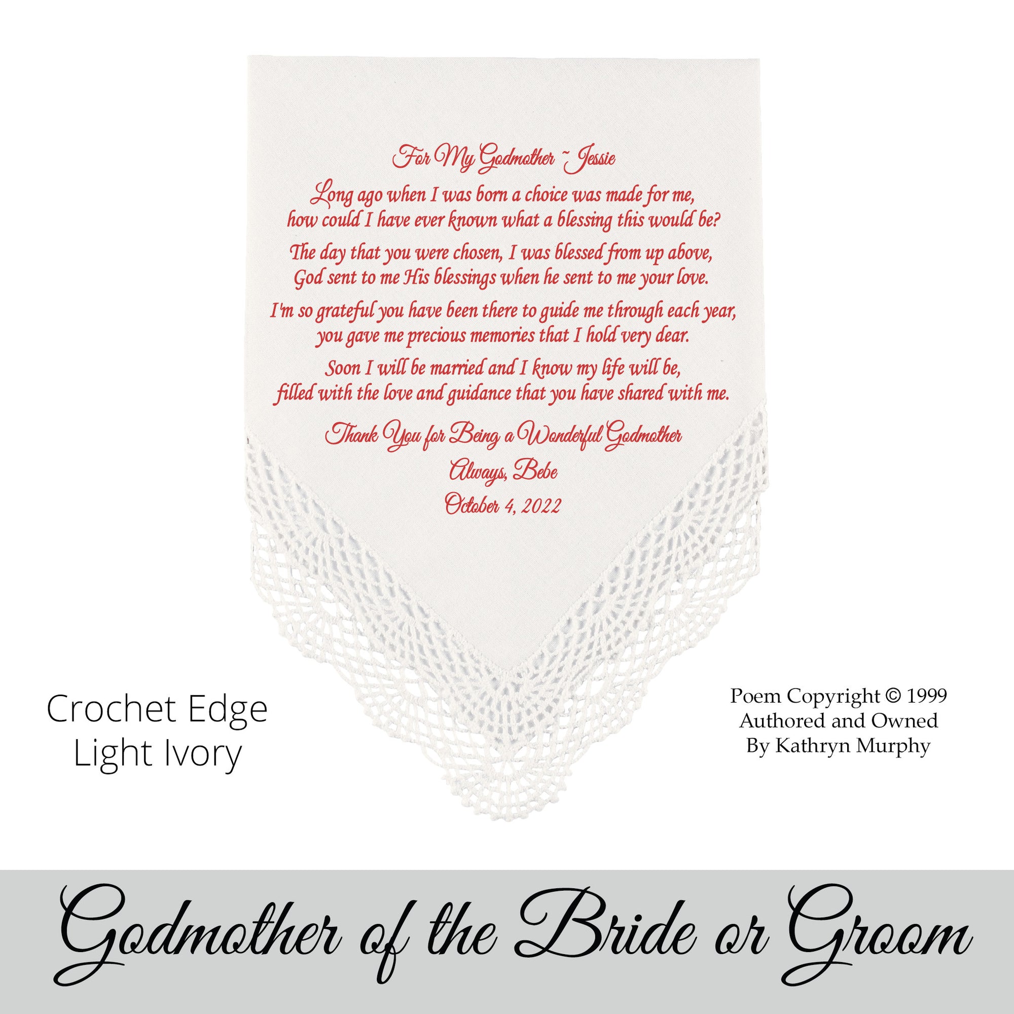 Gift for godmother of the bride poem printed wedding hankie