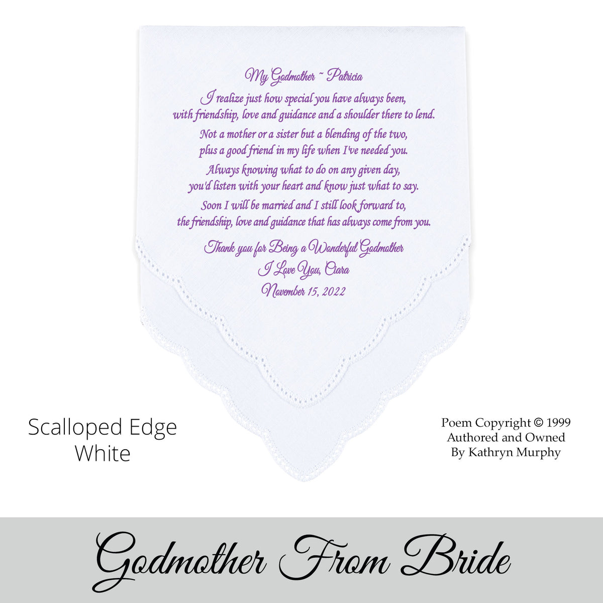 Gift for the godmother of the bride or groom poem printed wedding hankie