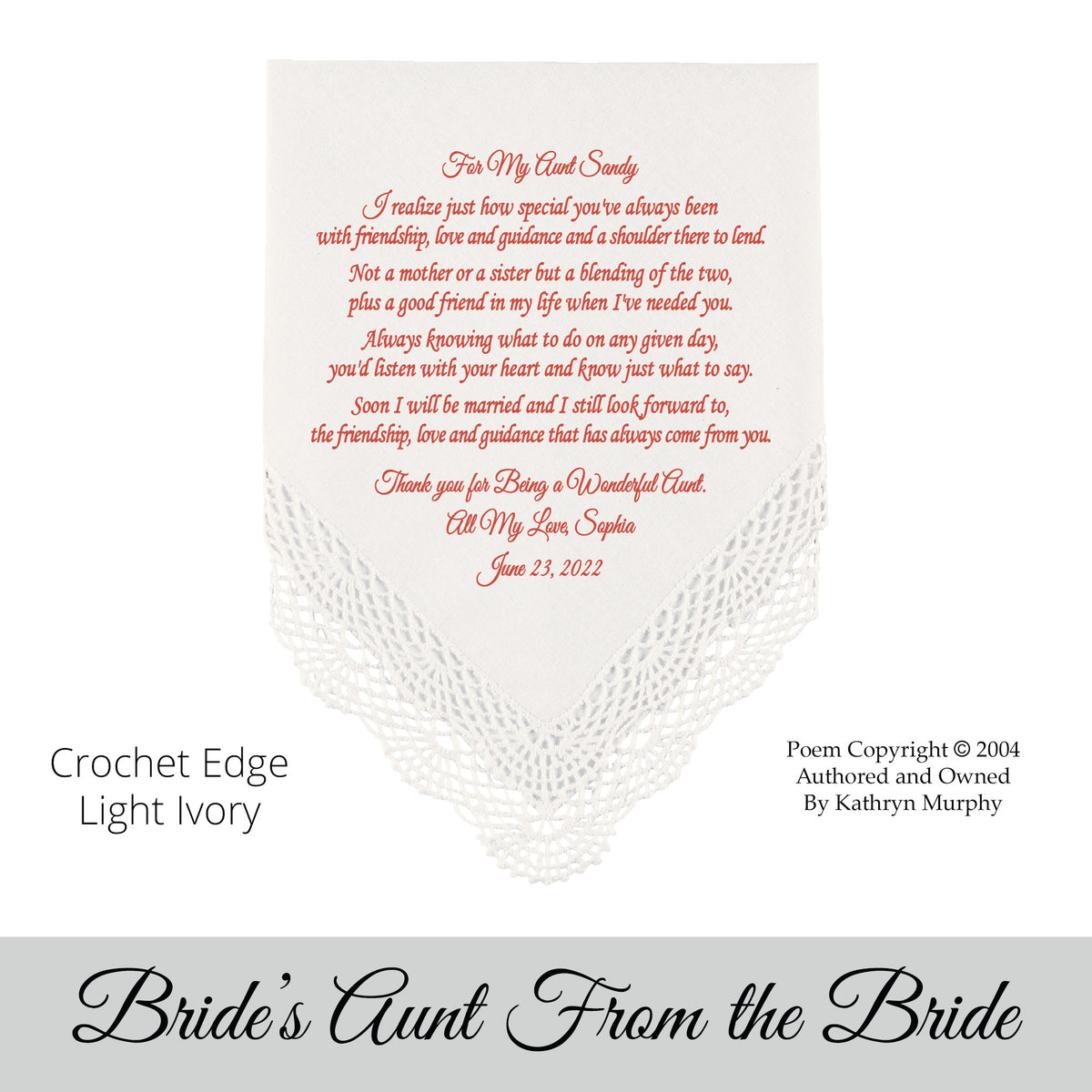  wedding hankie for the aunt of the bride poem &quot;For My Aunt&quot; 