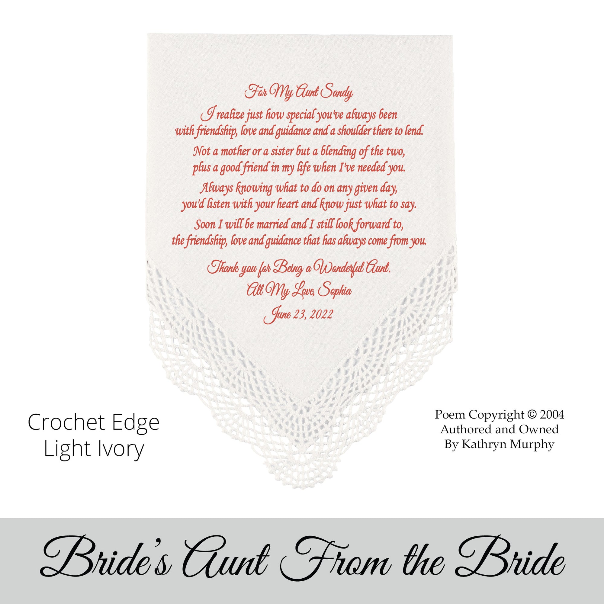  wedding hankie for the aunt of the bride poem "For My Aunt" 