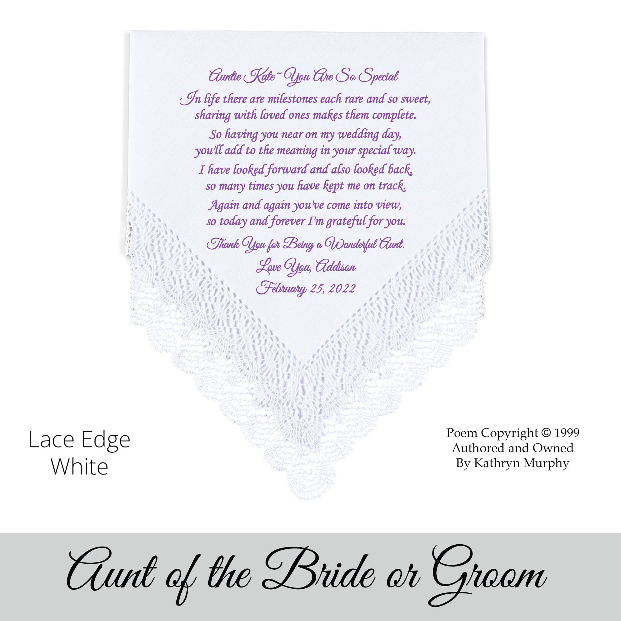 Gift for the aunt of the bride Poem printed hankie "You are so special"