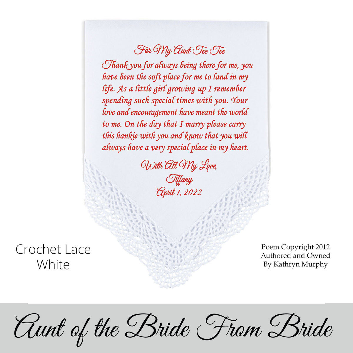 Gift for the aunt of the bride Poem printed hankie &quot;For My Aunt&quot;