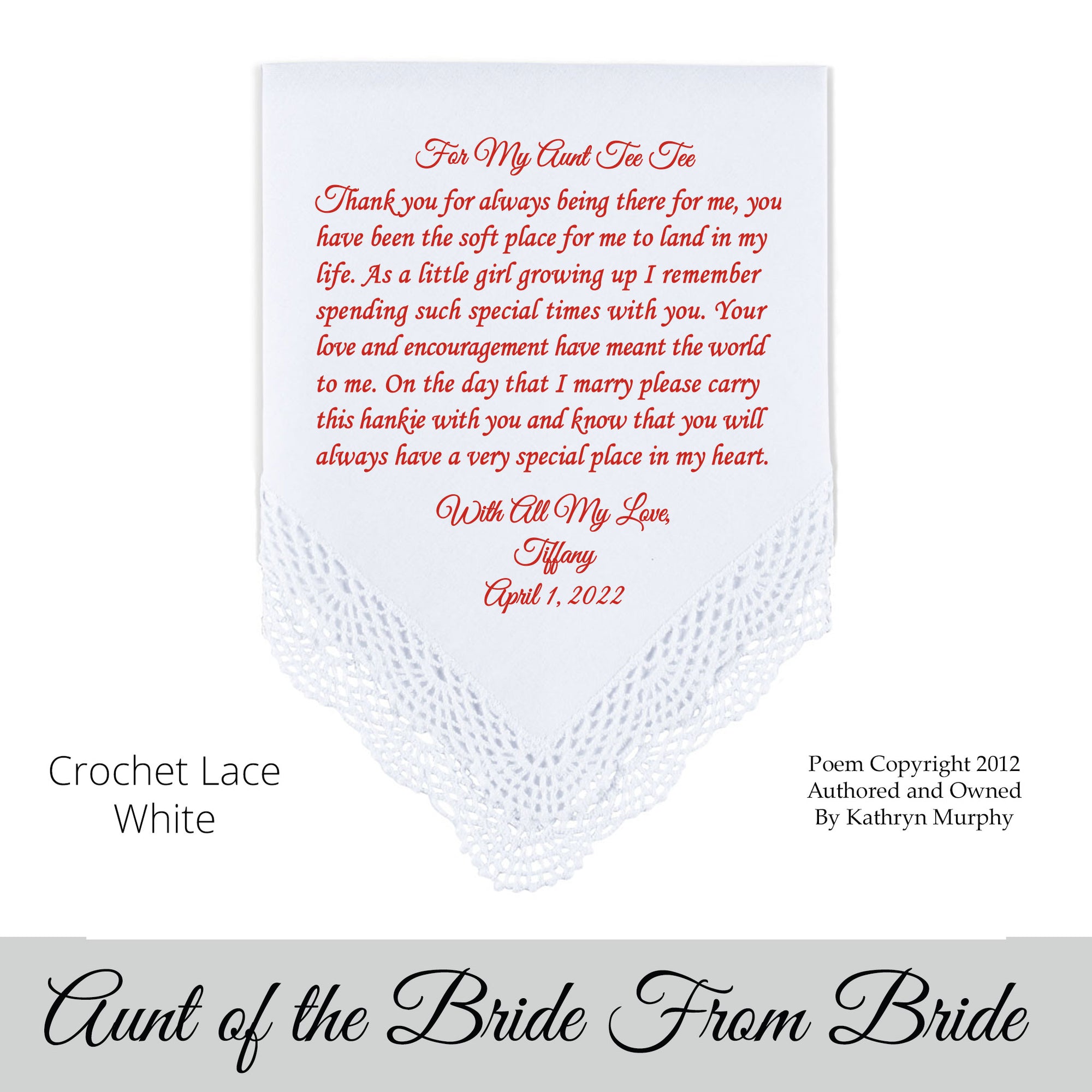 Gift for the aunt of the bride Poem printed hankie "For My Aunt"