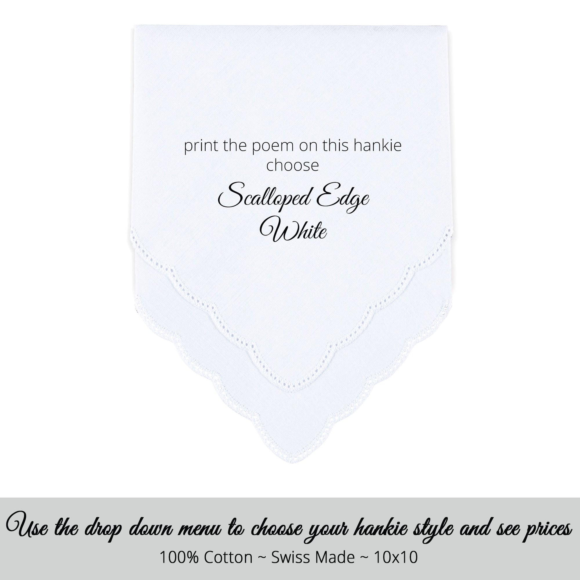 Scalloped edge white personalized Swiss wedding handkerchief 