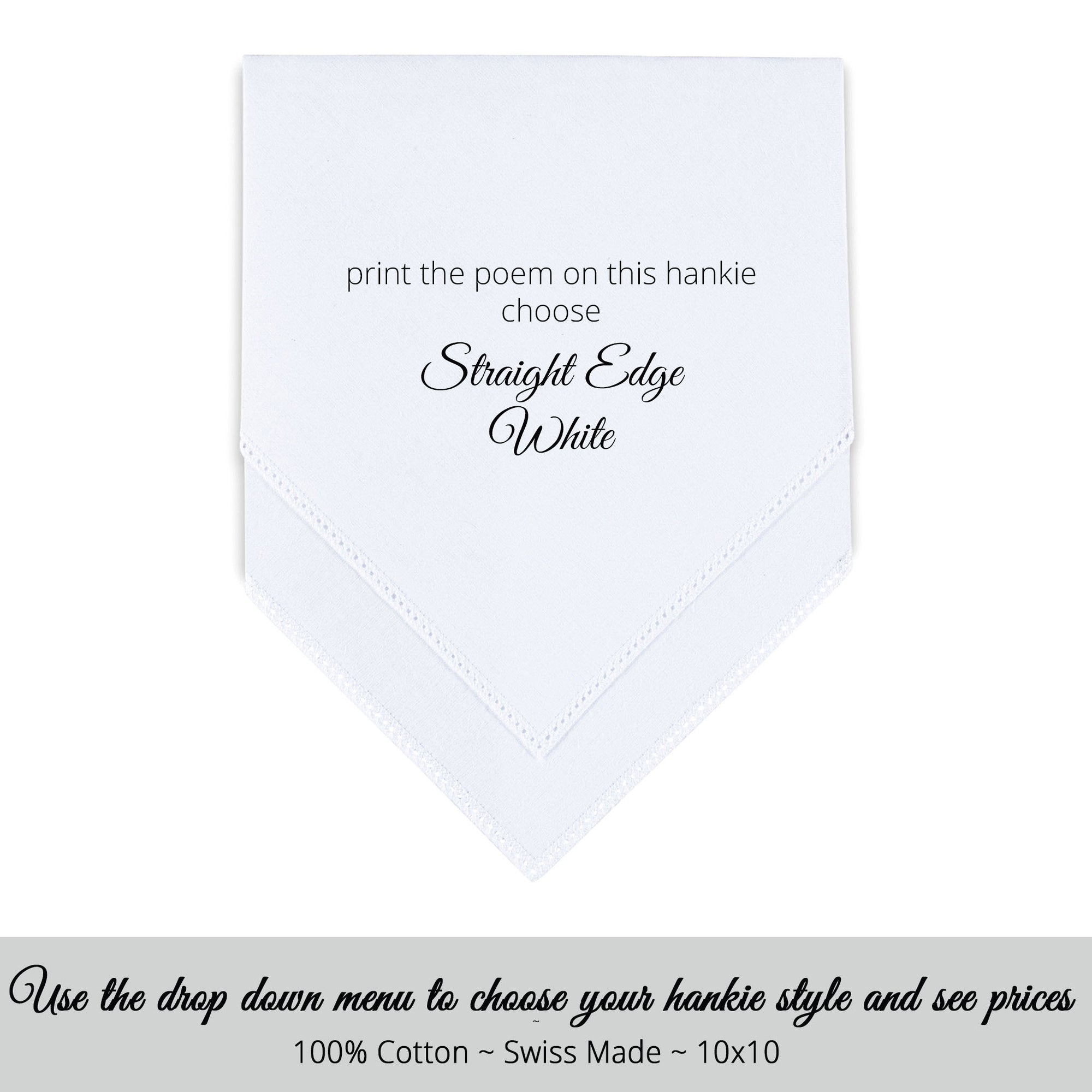Straight edge white personalized wedding handkerchief with poem for mother of the bride