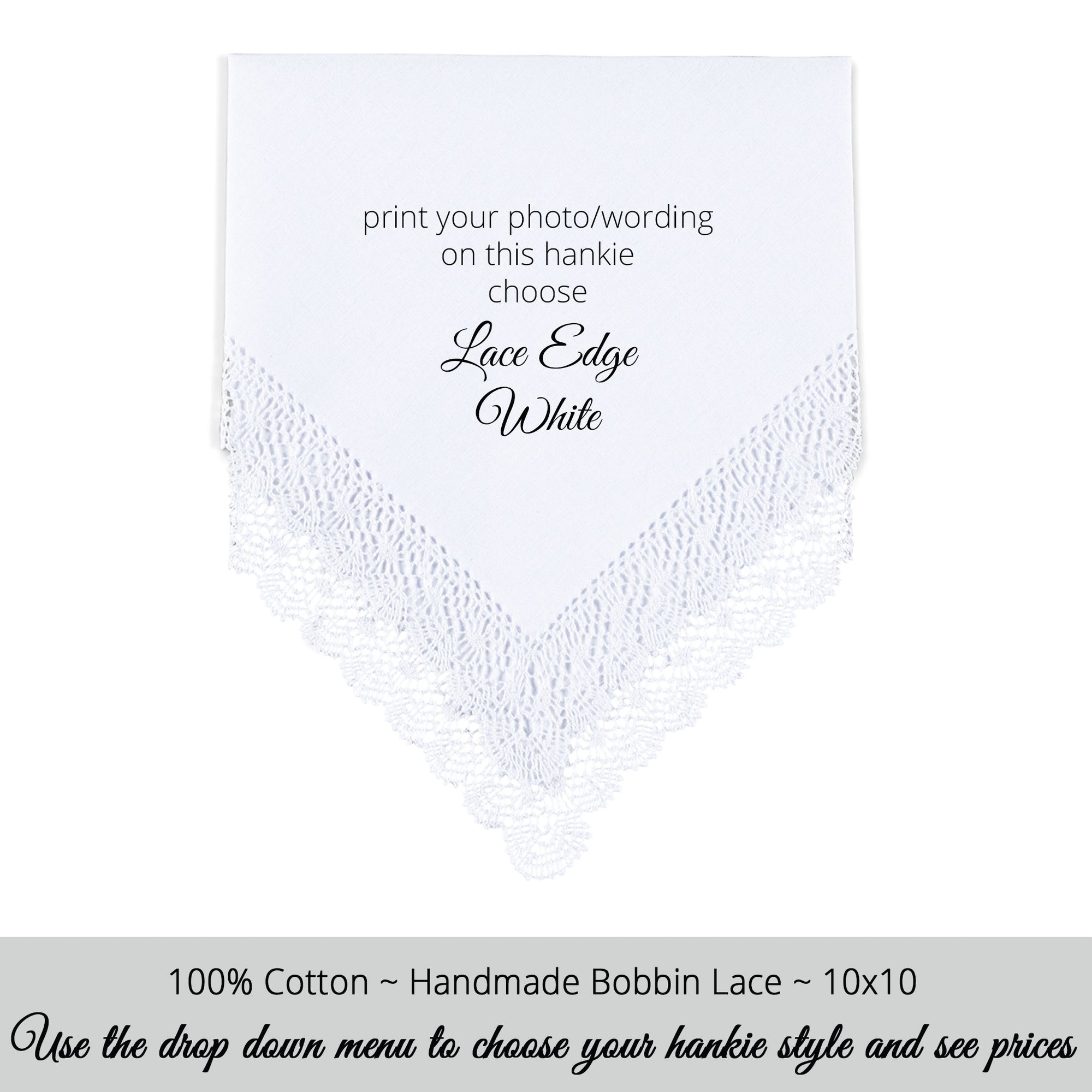 Gay Wedding Feminine Hankie style white with bobbin lace edge for the aunt of the groom poem printed hankie