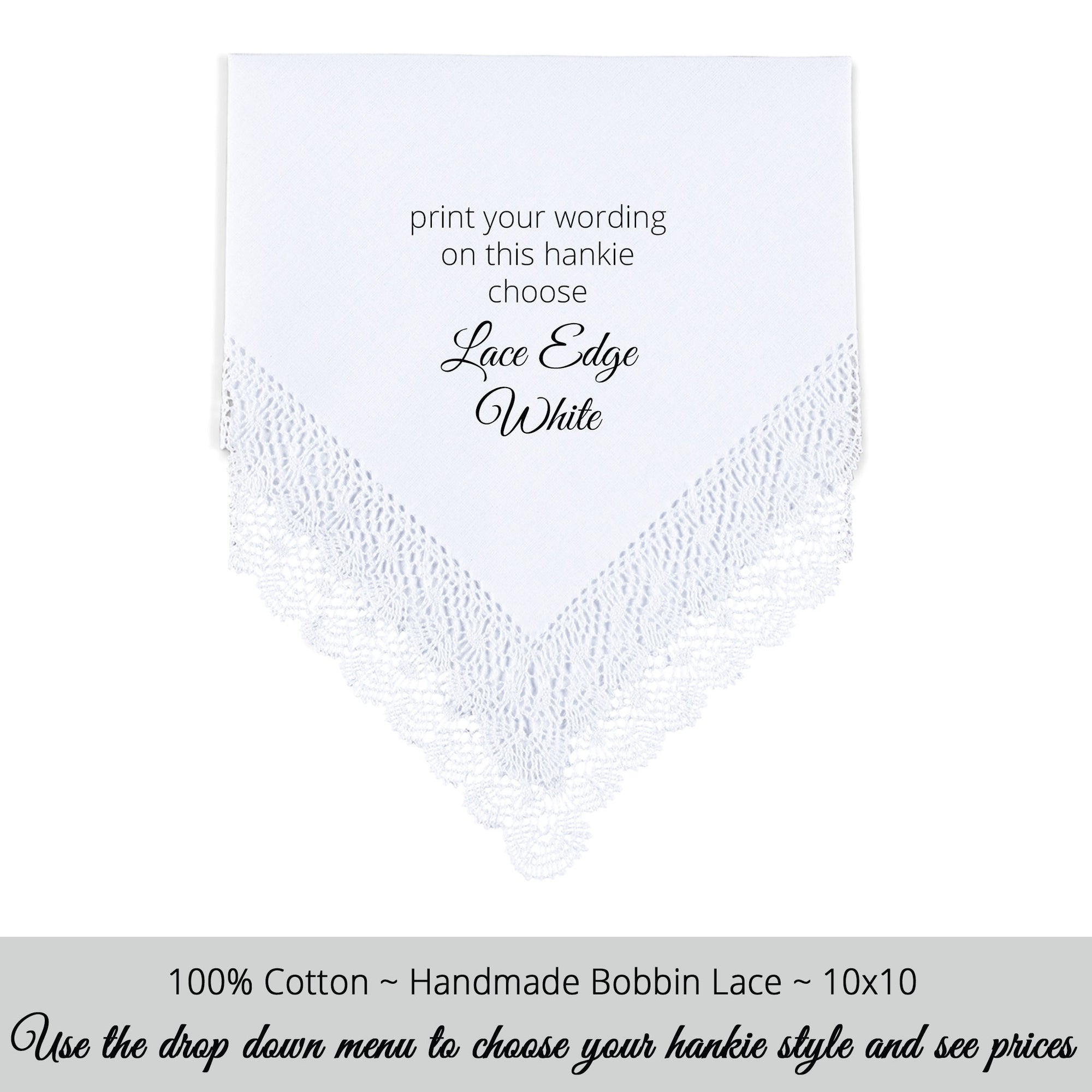 Gay Wedding Feminine Hankie style white bobbin lace poem printed hankie