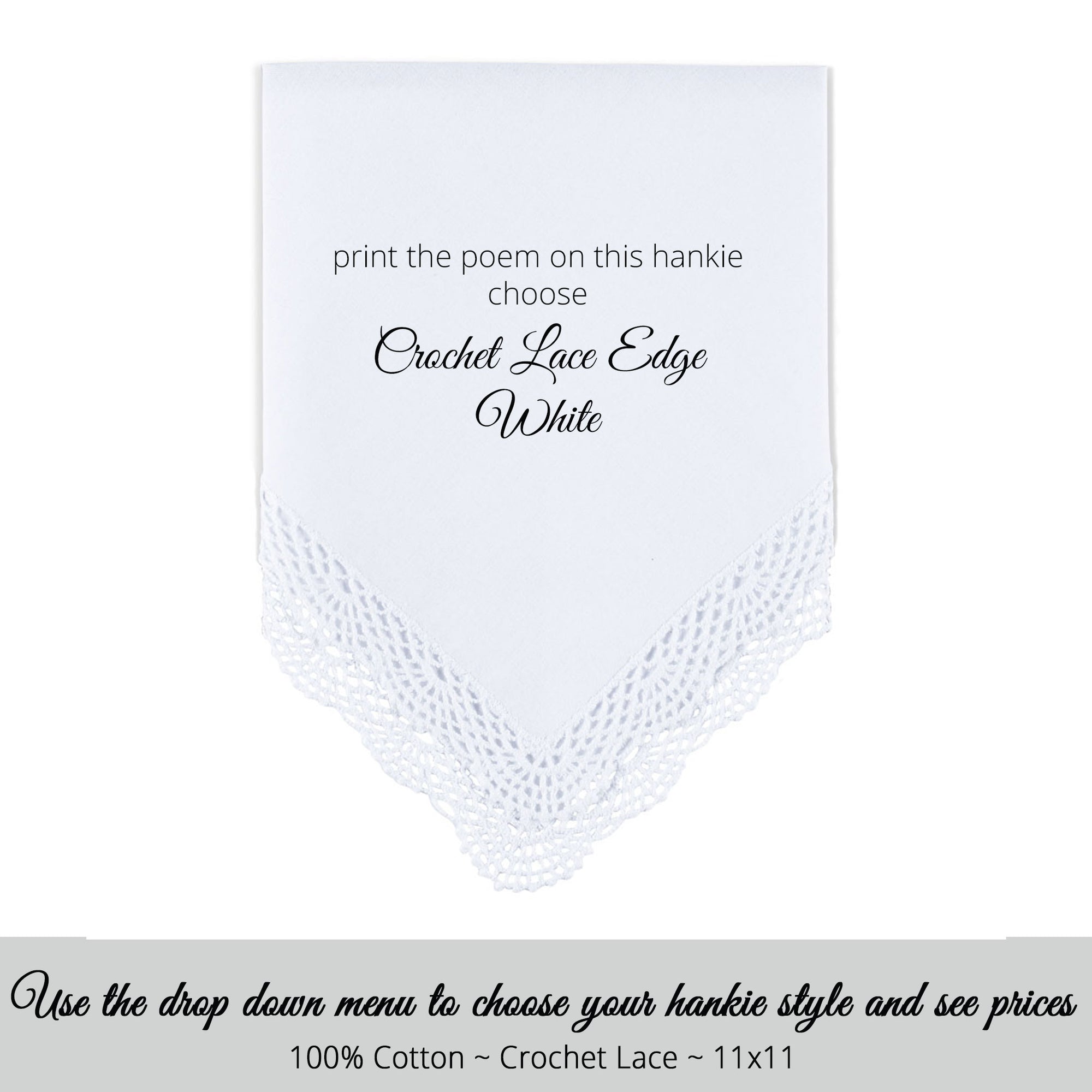 Wedding handkerchief white with crochet lace edge for personalized printed hankie for the bride