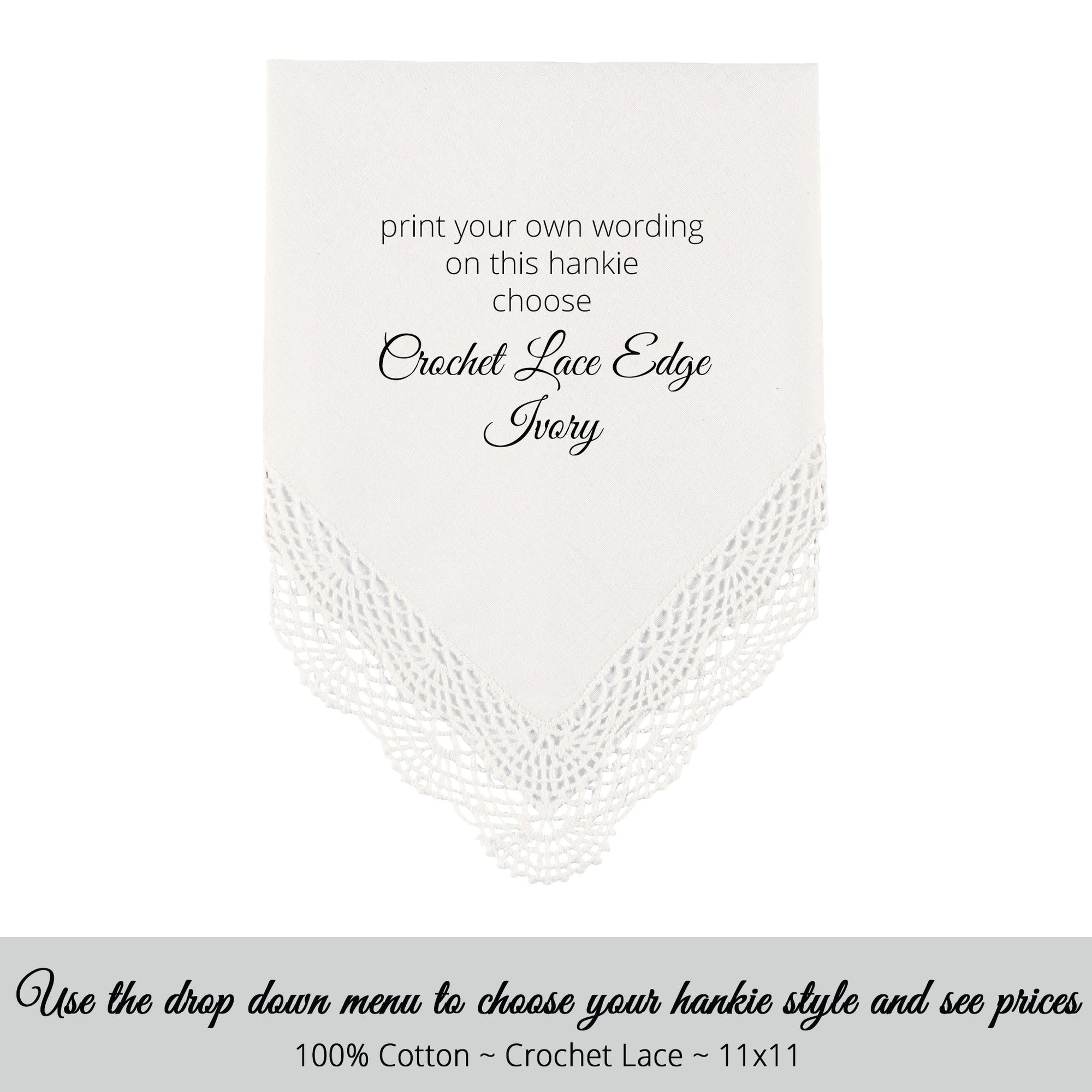 Gay Wedding Feminine Hankie style ivory crochet lace poem printed hankie