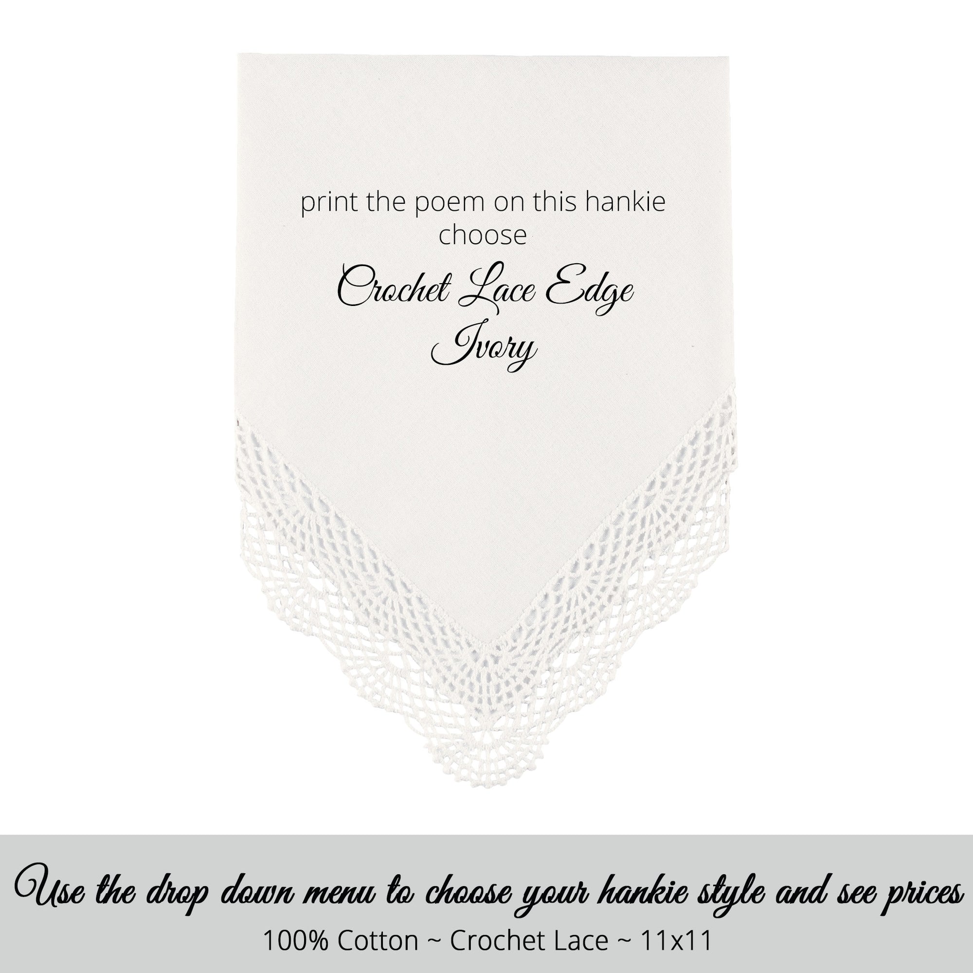 Wedding Handkerchief Ivory with bobbin lace poem printed hankie for the bride