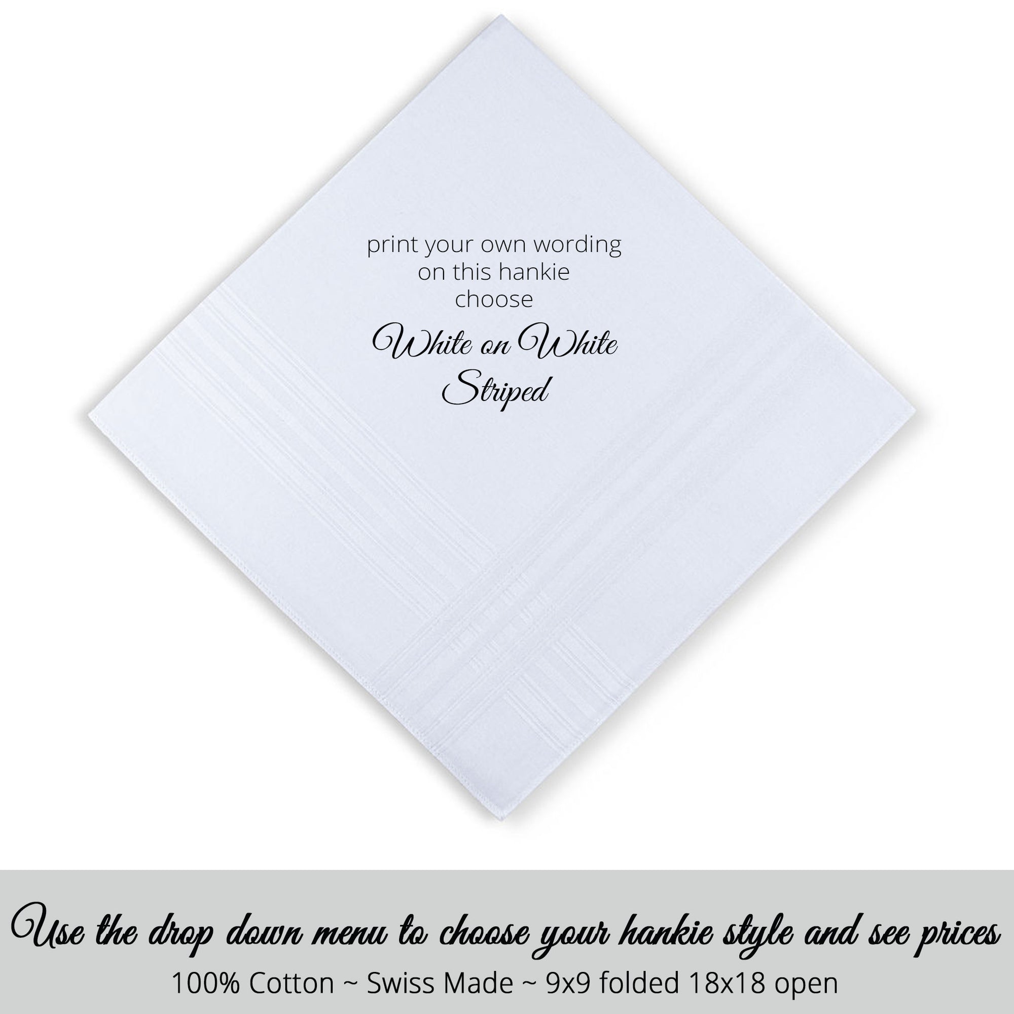 Wedding Swiss made masculine handkerchief white on white striped for custom printed hankie