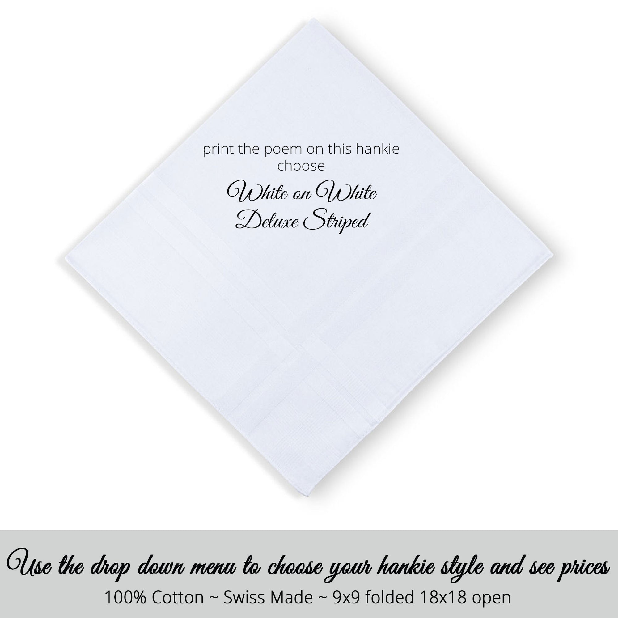 Wedding Handkerchief Swiss made man’s white on white deluxe striped for personalized poem 