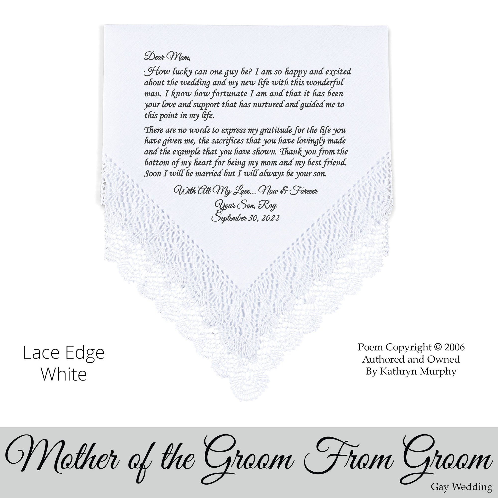 Gay Wedding Gift for the Mother of the groom poem printed wedding hankie