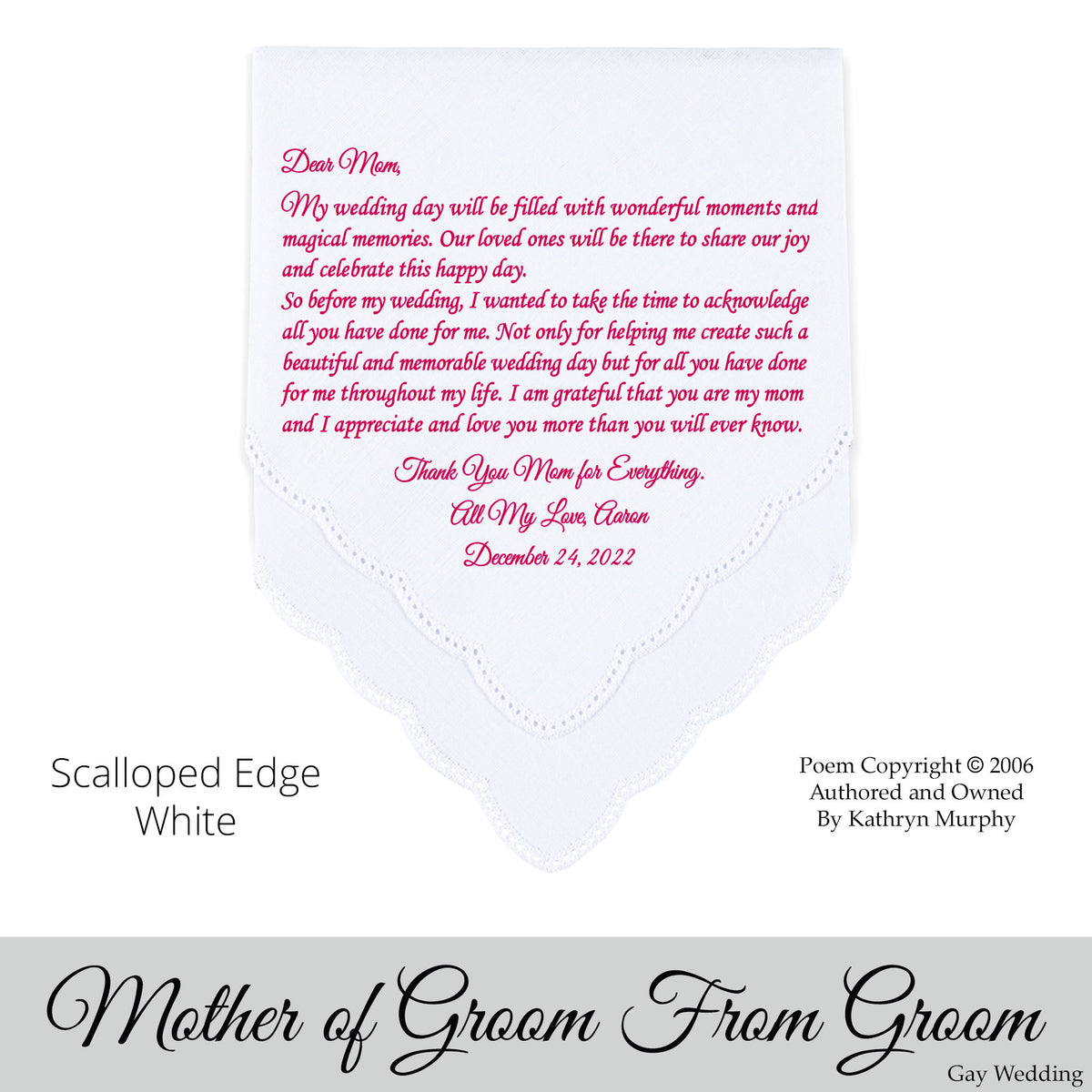 Gay Wedding Gift for the Mother of the groom poem printed wedding hankie