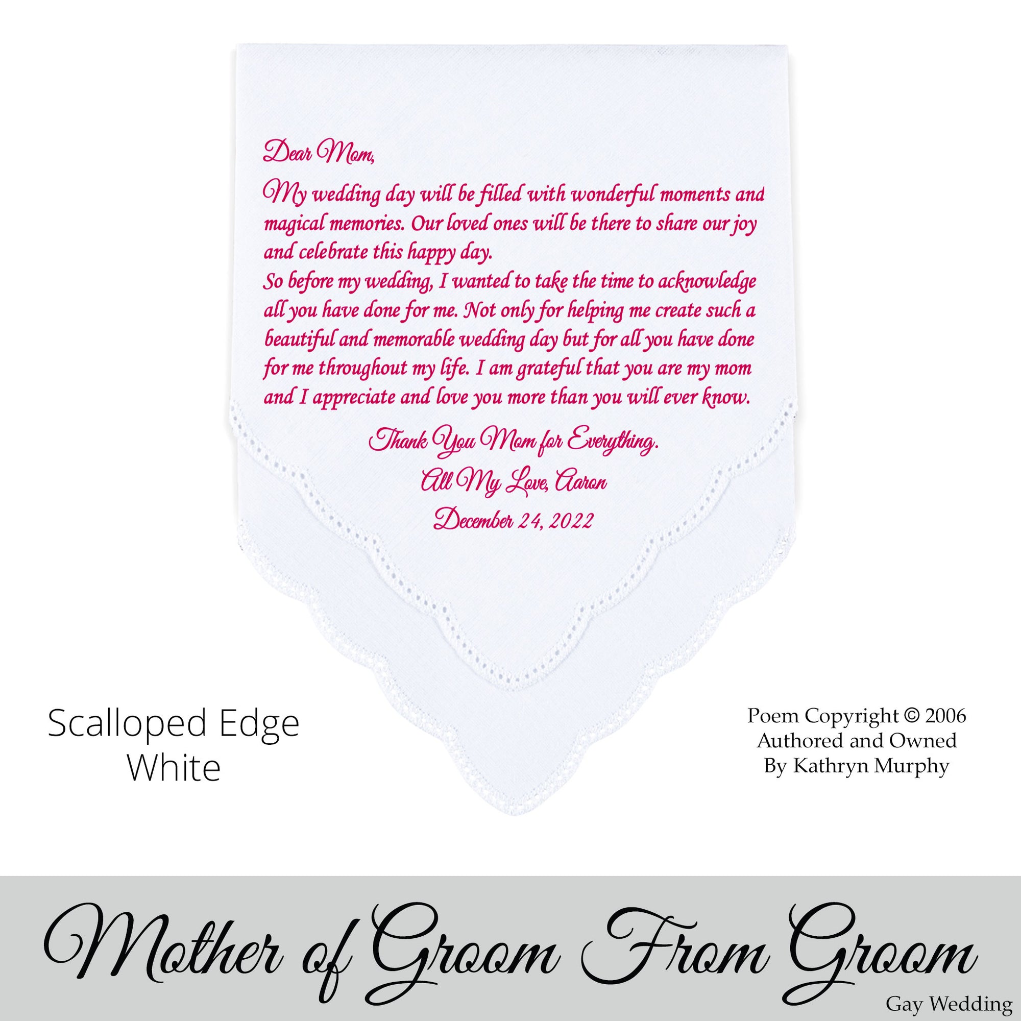 Gay Wedding Gift for the Mother of the groom poem printed wedding hankie