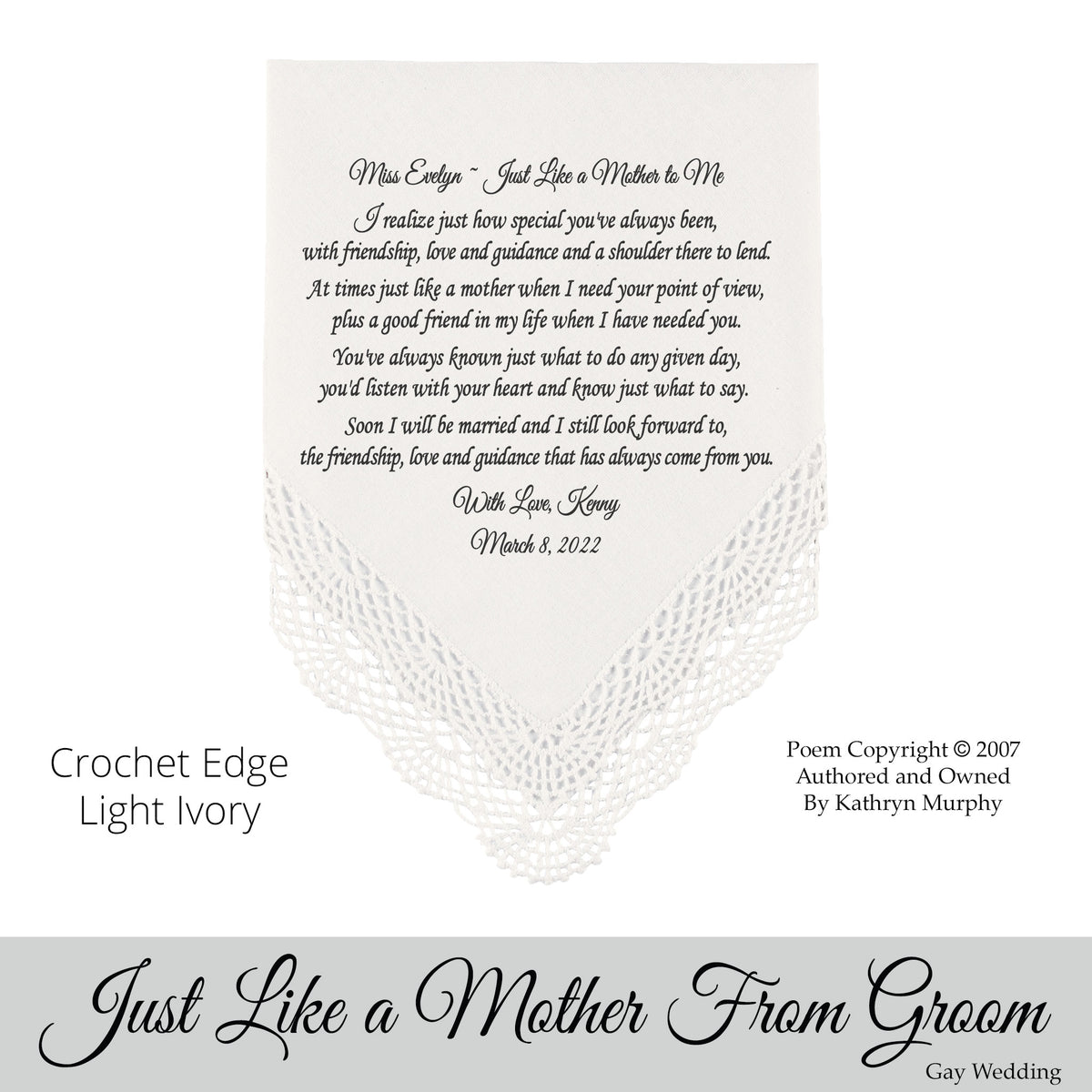 Poem Printed Gay Wedding Hankie from the Groom for someone who&#39;s Like a mother to him  &quot;You&#39;re Like A Mother To Me&quot;