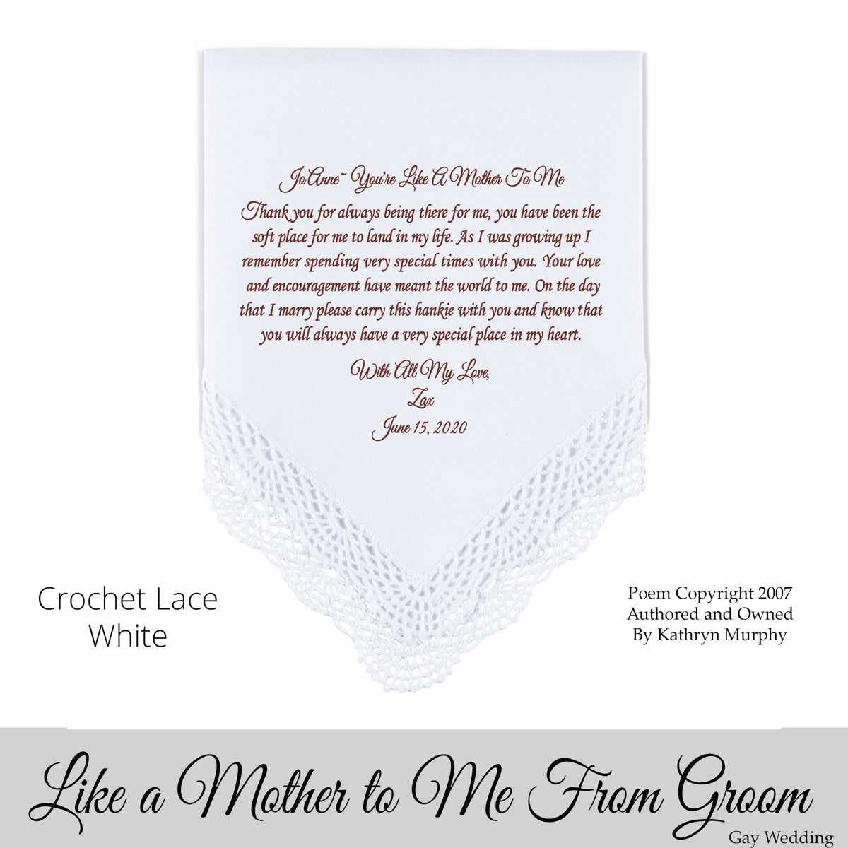 Gay Wedding Gift for the Like a Mother to Me poem printed wedding hankie