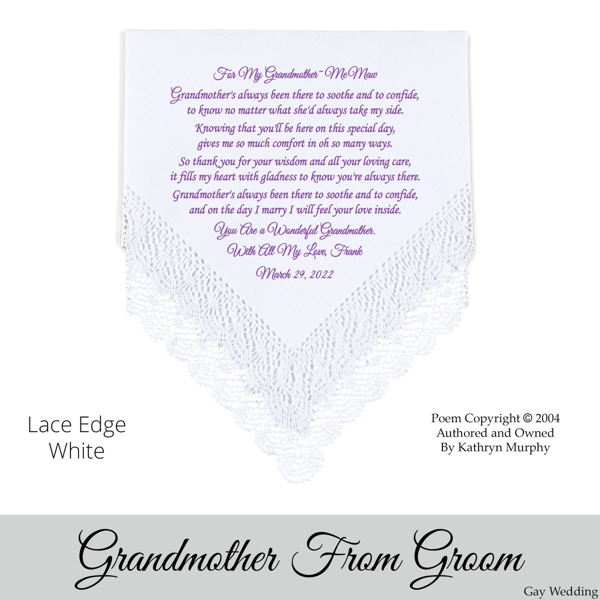 Gay Wedding Gift for the Grandmother of the Groom poem printed wedding hankie