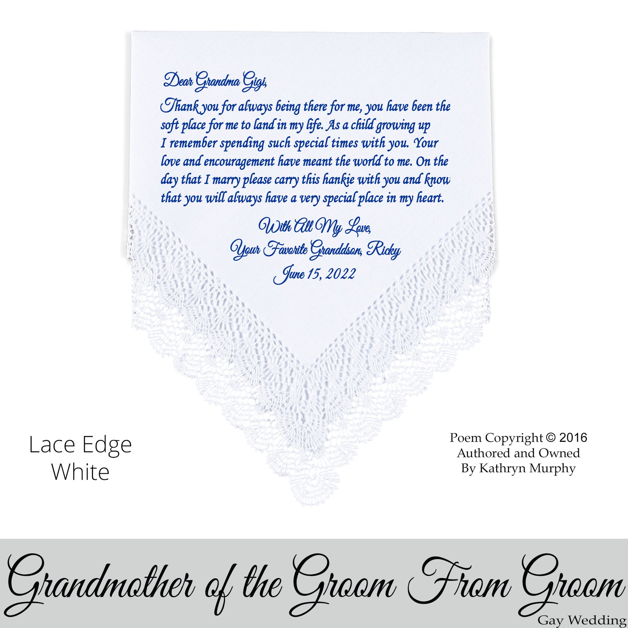 Gay Wedding Gift for the Grandmother of the groom poem printed wedding hankie