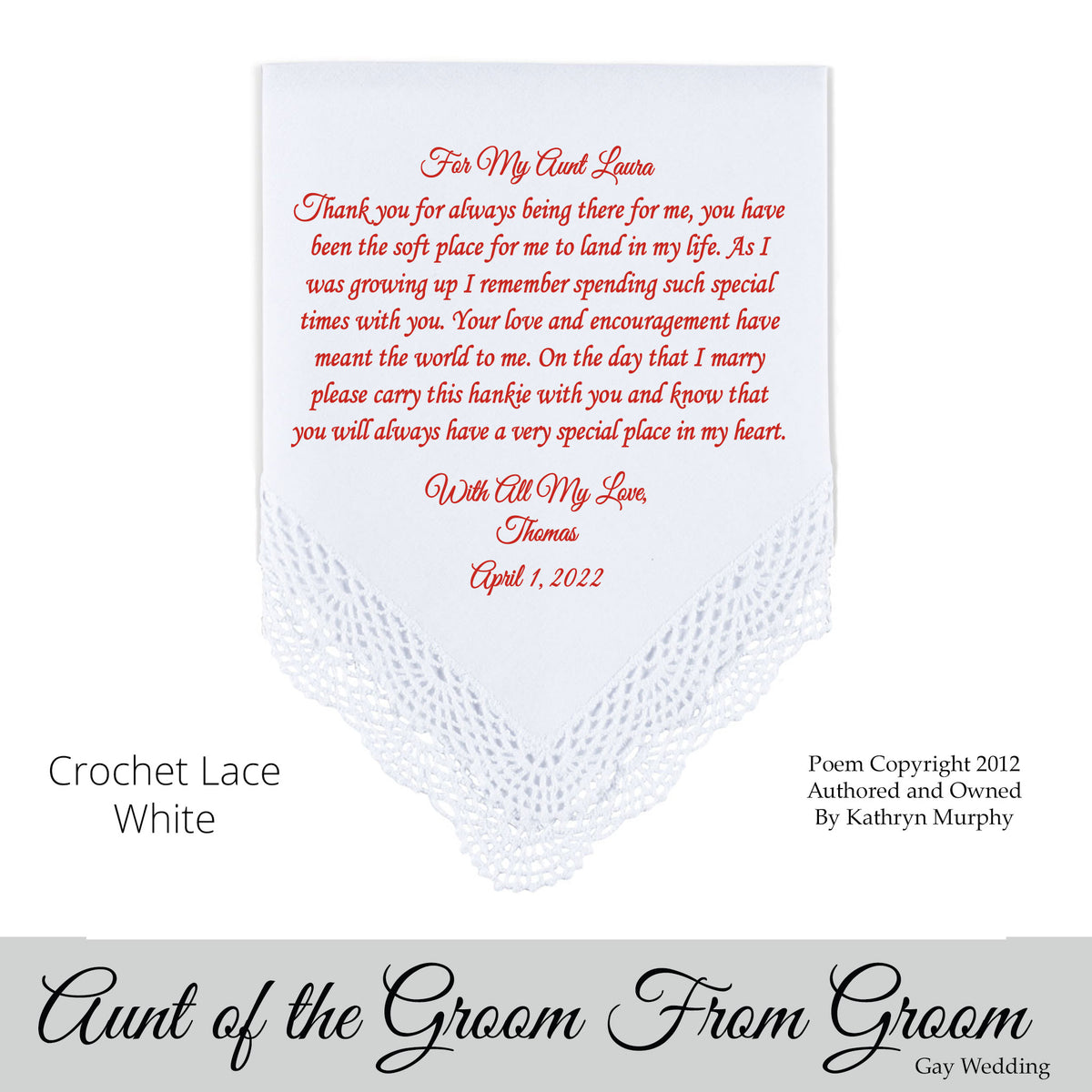 Gay Wedding Gift for the Aunt of the groom poem printed wedding hankie