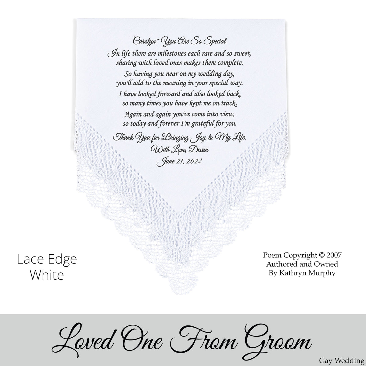 Poem Printed Gay Wedding Hankie from the Groom to Loved One or Friend &quot;You Are So Special&quot;