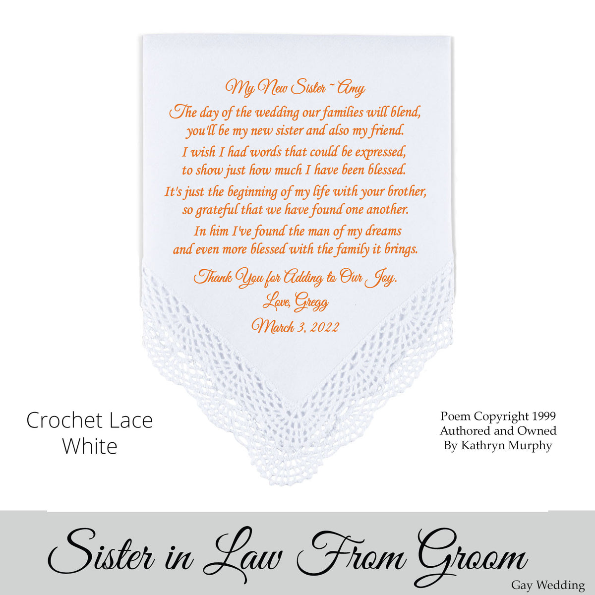 Gay Wedding Gift for the sister of the groom poem printed wedding hankie