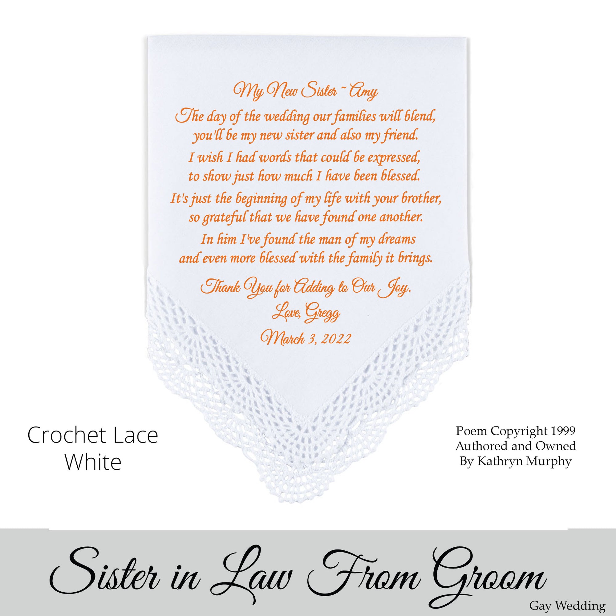 Gay Wedding Gift for the sister of the groom poem printed wedding hankie