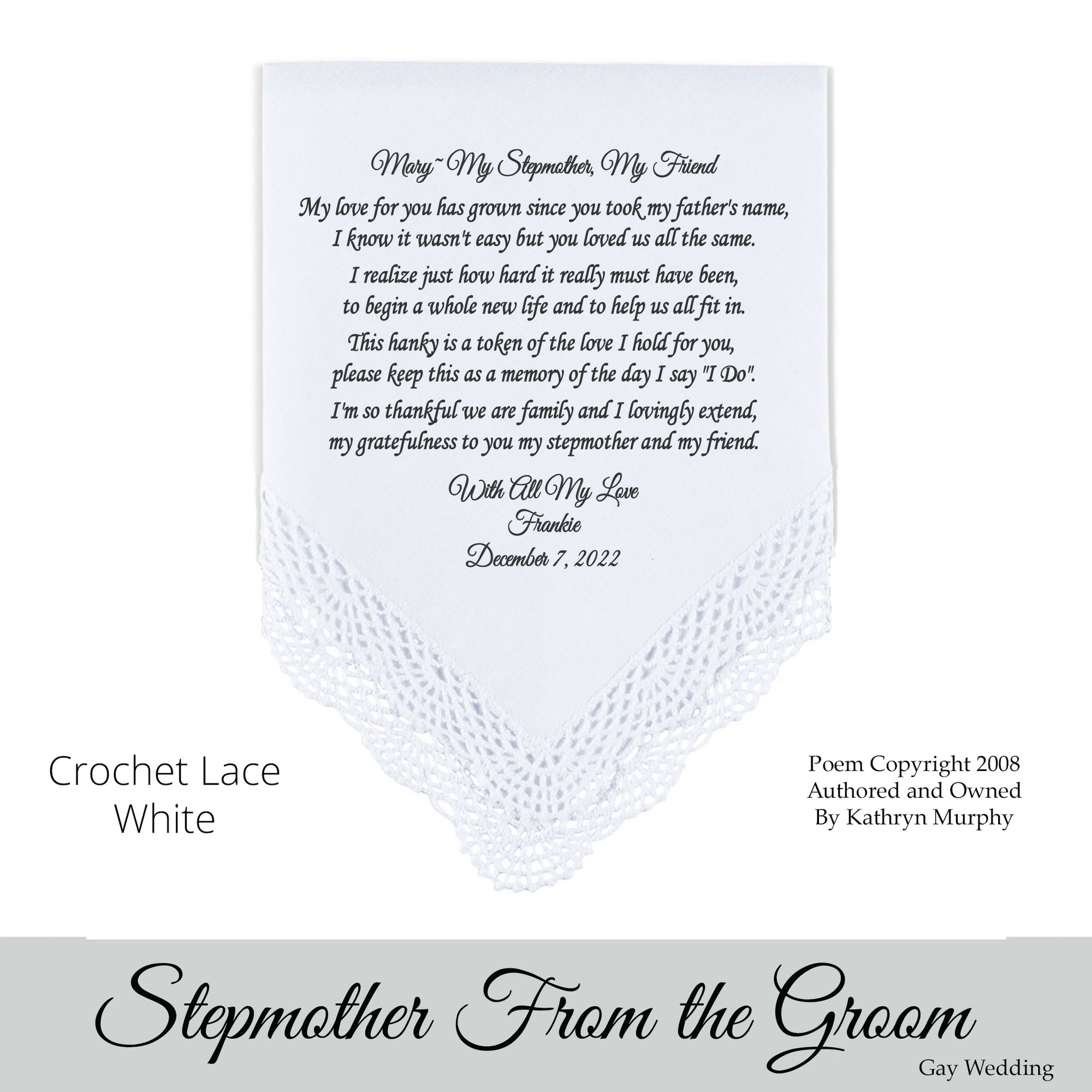 Gay Wedding Gift for the Stepmother of the groom poem printed wedding hankie