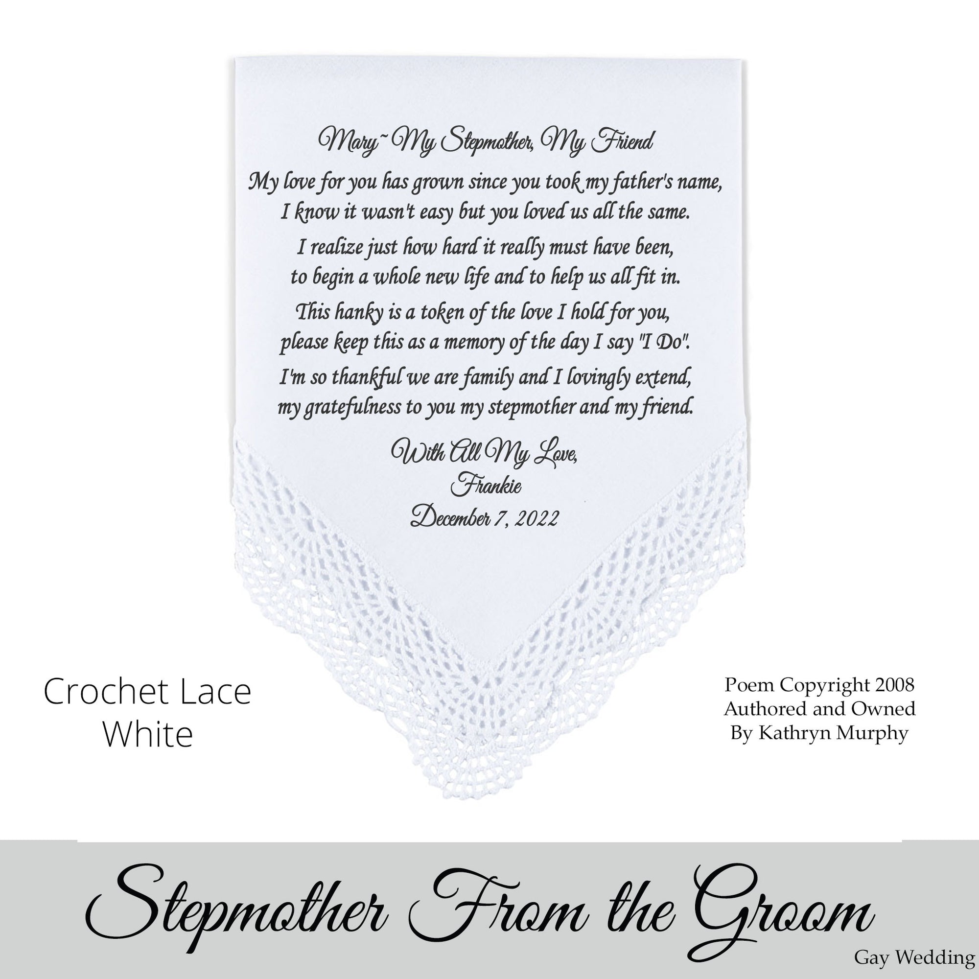 Gay Wedding Gift for the stepmother of the groom poem printed wedding hanki