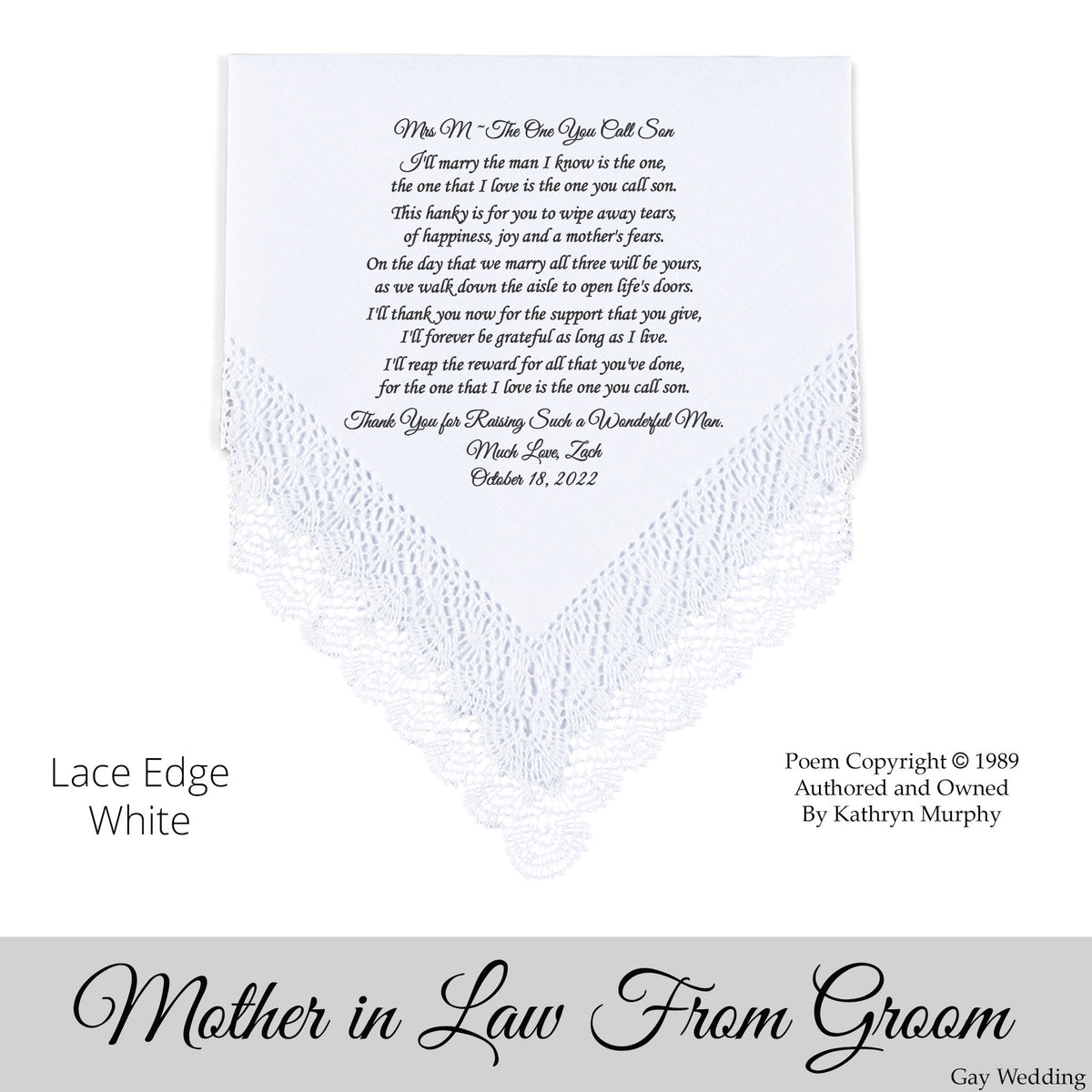 Gay Wedding Gift for the mother of the groom poem printed wedding hankie