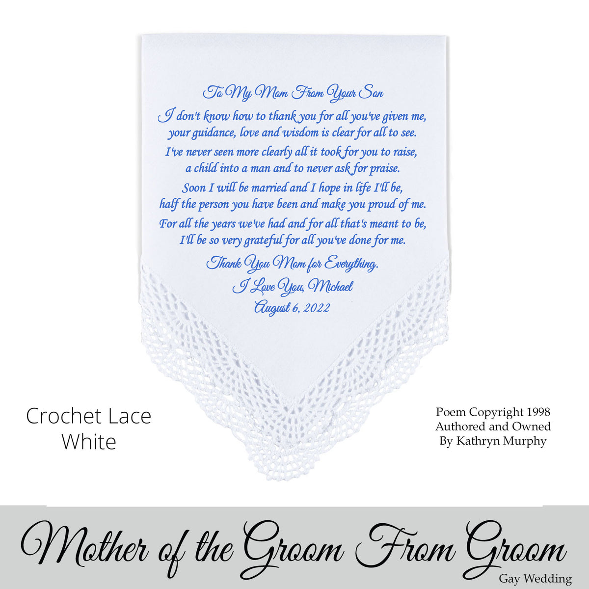 Gay Wedding Gift for the Mother of the groom poem printed wedding hankie