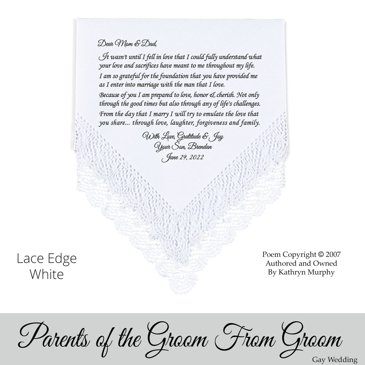 Gay Wedding Gift for the parents of the groom poem printed wedding hankie