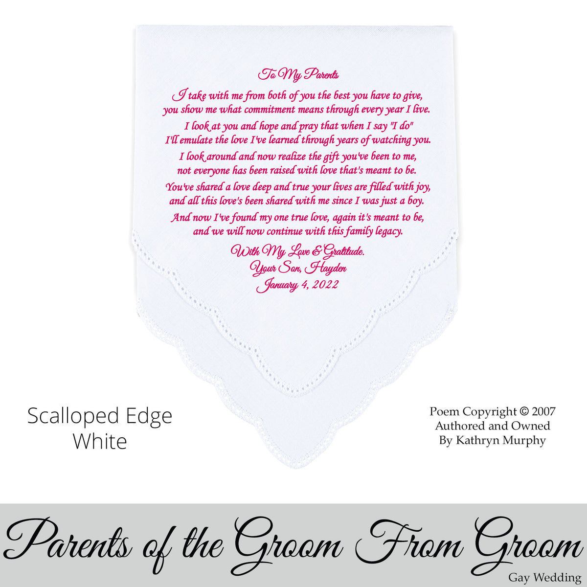 Gay Wedding Gift for the parents of the groom poem printed wedding hankie