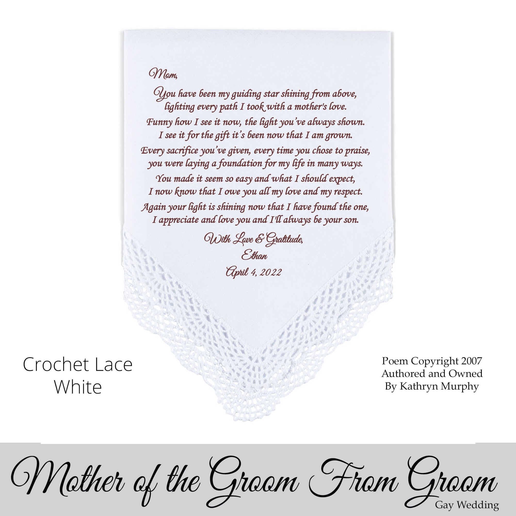 Gay Wedding Gift for the Mother of the groom poem printed wedding hankie