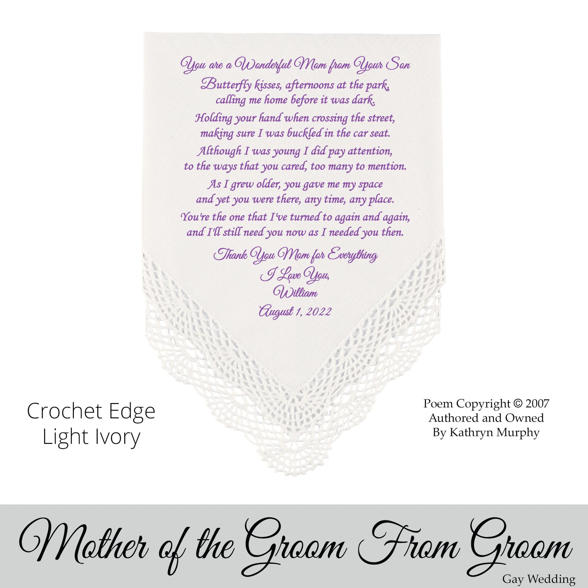 Gay Wedding Gift for the Mother of the groom poem printed wedding hankie