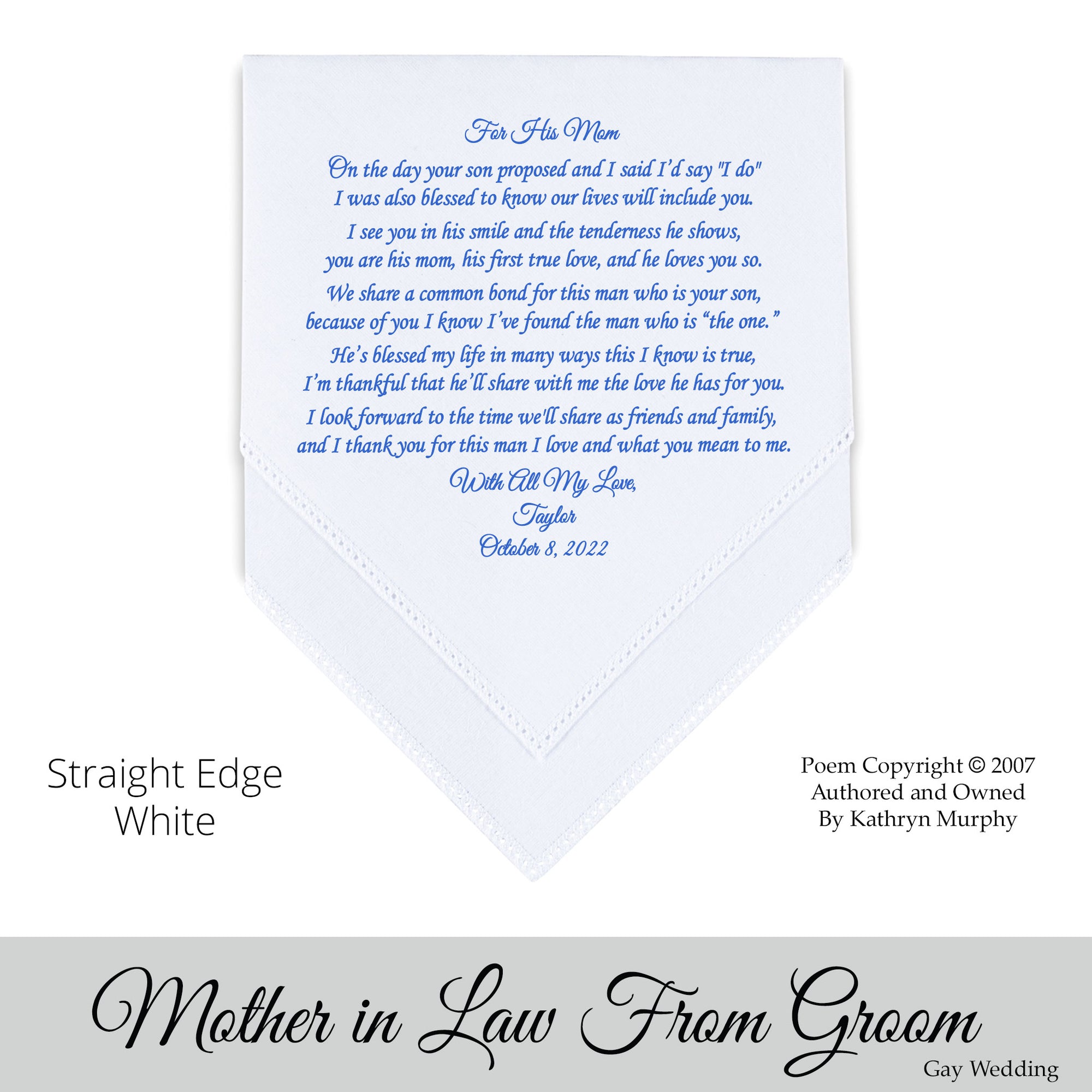 Gay Wedding Gift for the Mother of the groom poem printed wedding hankie