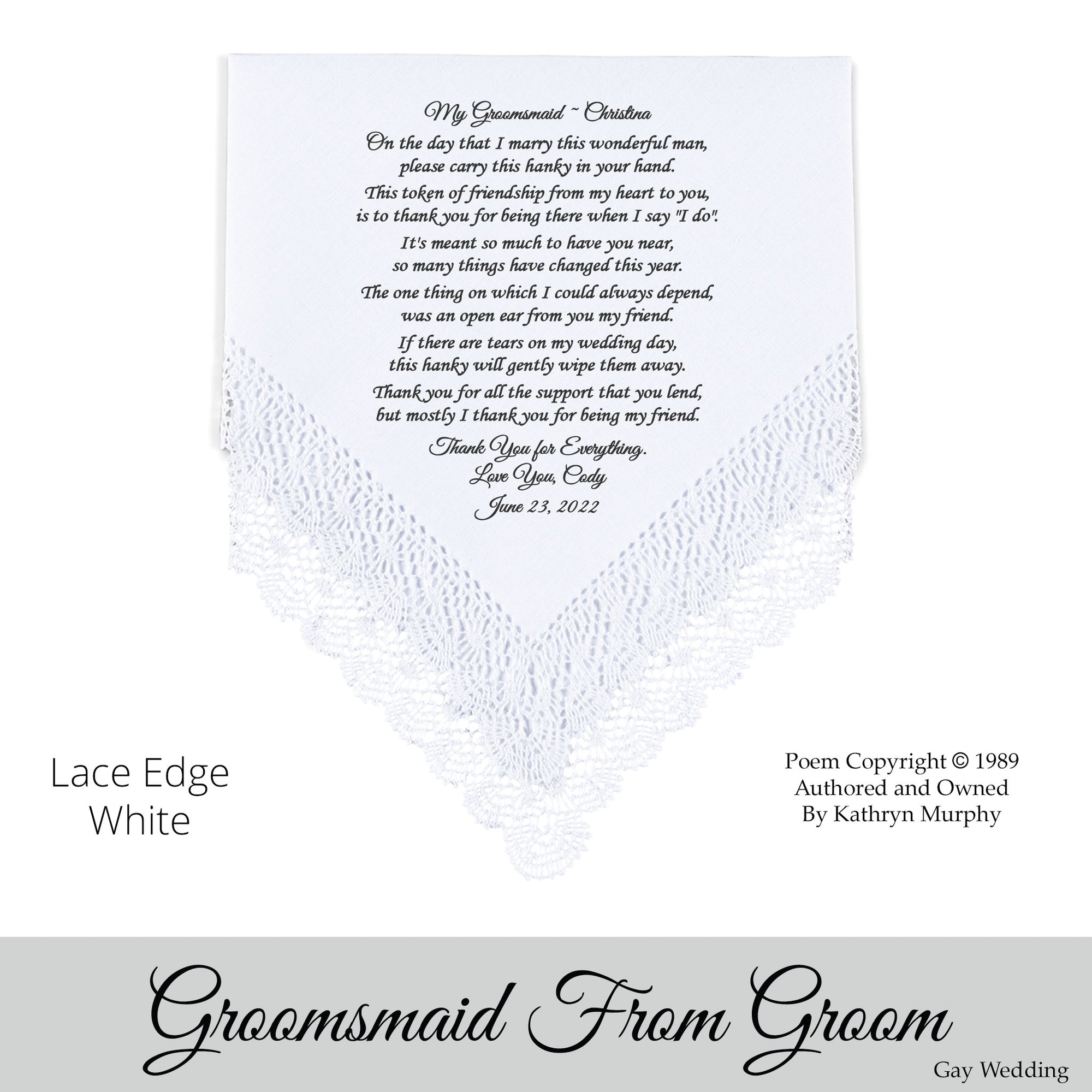 Gay Wedding Gift for the Groomsmaid poem printed wedding hankie