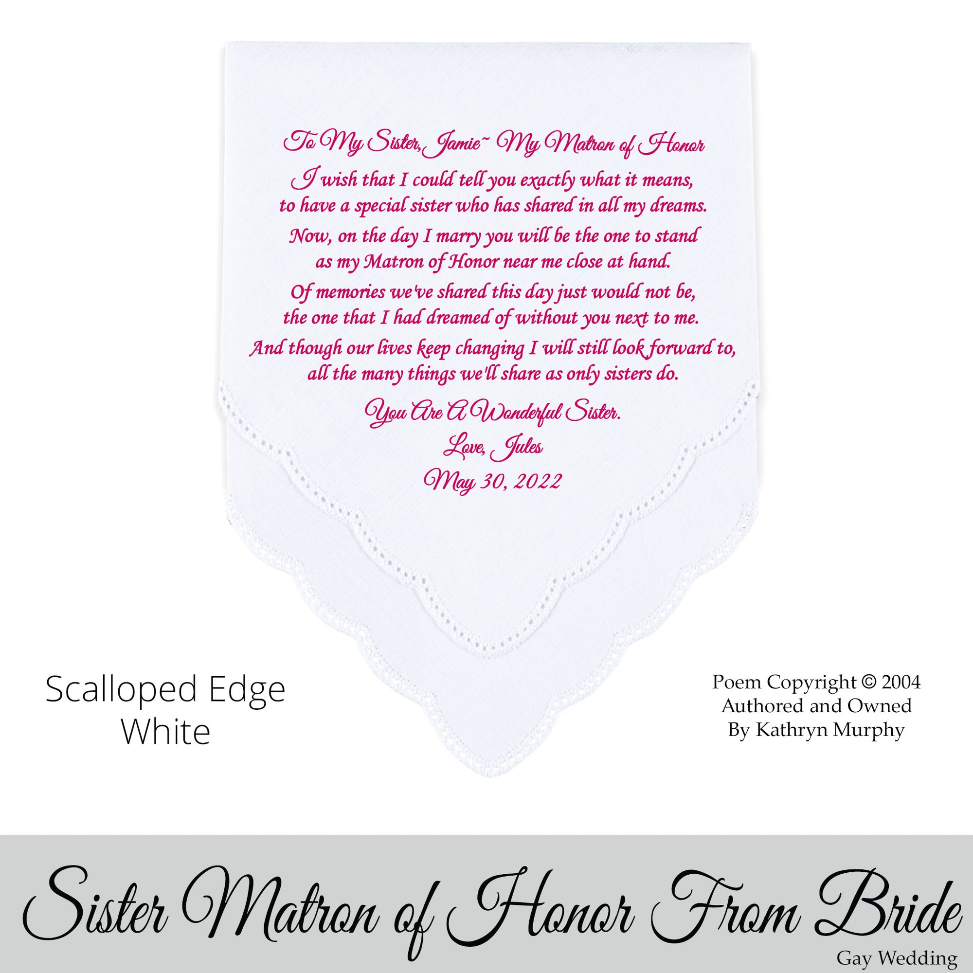 Gay Wedding Gift for the Sister Matron of Honor poem printed wedding hankie